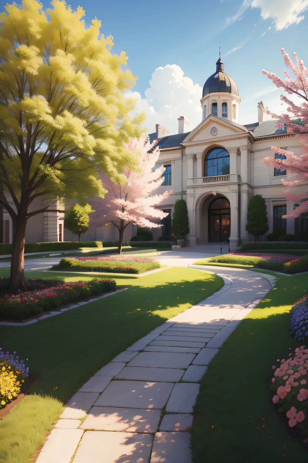 Landscape, university, best quality, official art, highly detailed, illustration, campus, flowers