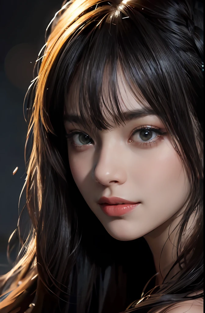 (Ultra Realistic), (Illustration), (Increased Resolution), (8K), (Extremely Detailed), (Best Illustration), (Beautiful and Detailed Eyes), (Best Quality), (Ultra Detailed), (Masterpiece ), ( wallpaper), (detailed face), solo, 1 girl, looking at viewer, fine details, detailed face, in the dark, deep shadows, low key, pureerosfaceace_v1, smiling, long hair, black shawl straight hair , 46 points oblique bangs