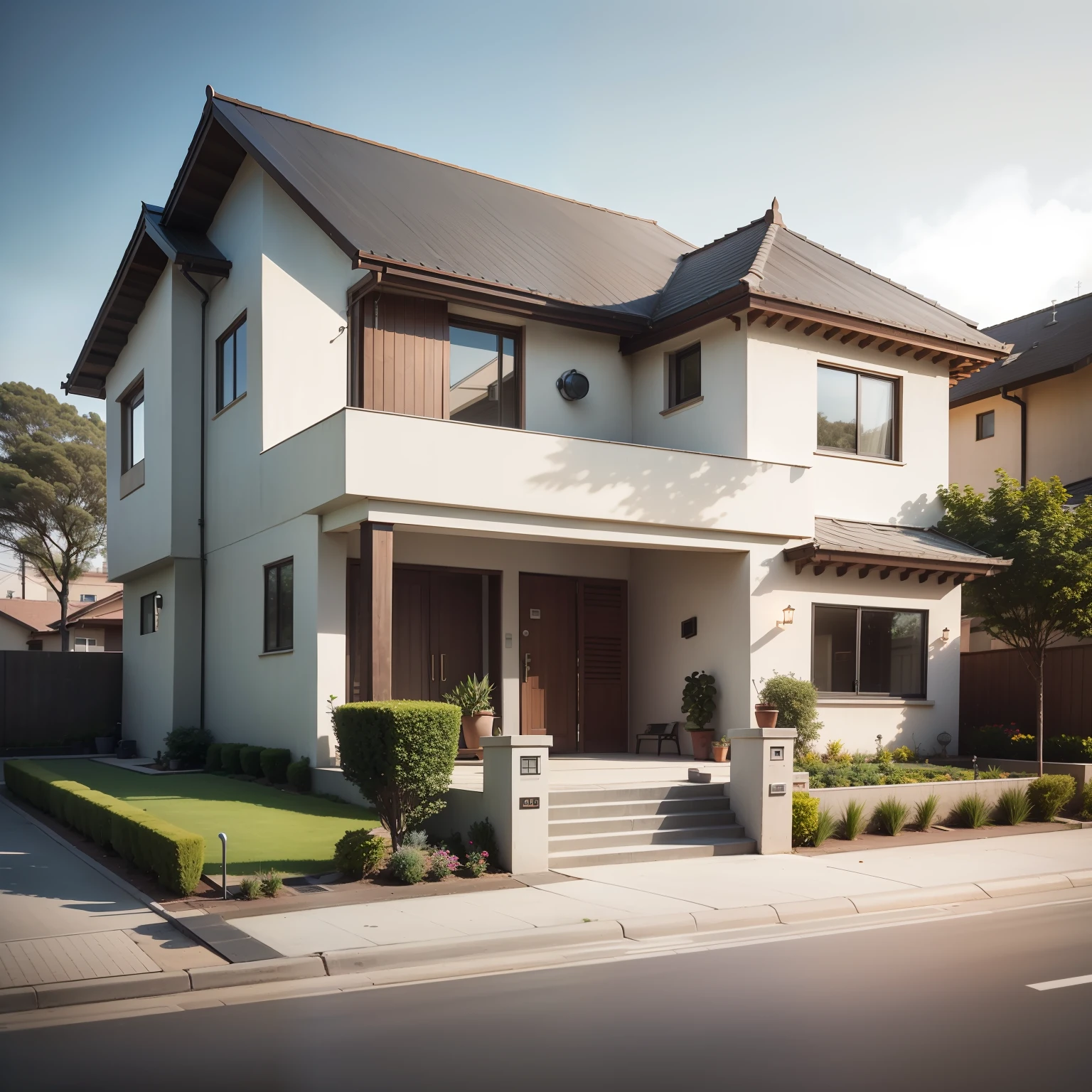 A white car parked in front of a house with a white car, General architectural design, Exterior Design, Multidimensional Villa, Architectural finishes, Residential Design, entrance, Contemporary Arrangement, Architectural display, Architectural Planning, Beautiful aesthetic design, Architectural visualization, Art Show, Architectural Design, Resolute perfection, High quality rendering, Modern design, residential, Bungalow, There are short ornamental trees in front of the house, The house is located next to the main road, There is a family in front of the house