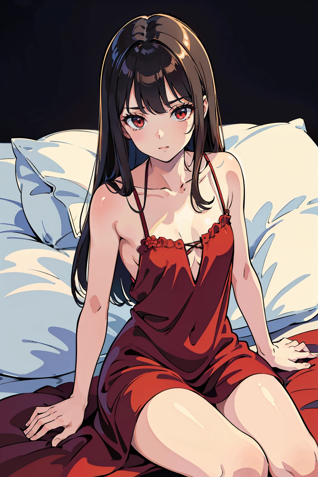Amazing, 最好质量 , Ultra-detailed, A high resolution, Extremely detailed,Best quality ,Masterpiece, illustration, An extremely delicate and beautiful, Extremely detailed ,CG ,8K wallpaper, Amazing, finedetail, Masterpiece,Best quality,offcial art,,closeup ,volumettic light,Mood lighting,((the night)),Dark,𝓡𝓸𝓶𝓪𝓷𝓽𝓲𝓬,True light source,1girll,thighs focus,brunette color hair,((Red silk nightdress)),sit on a bed,Red silk futon,smallunderboob,Spread your legs on the M line,Bare legs,