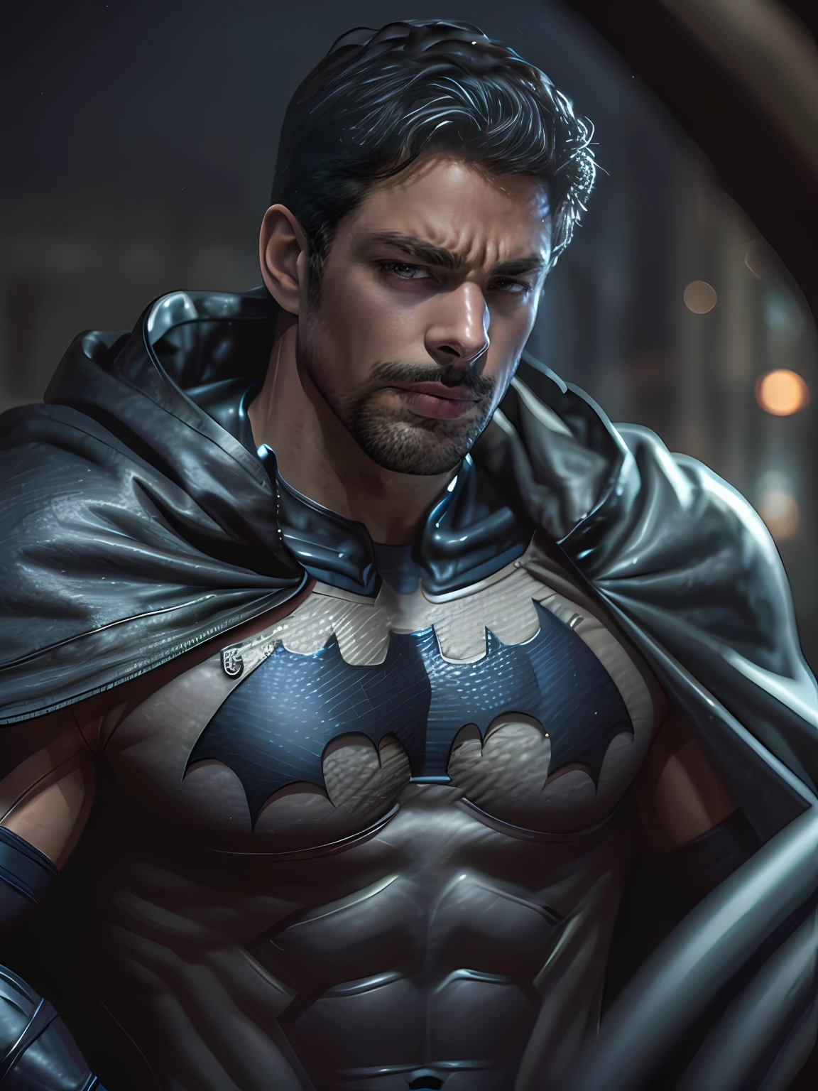 1 man, solo, Caua Reymond as Batman, tall, hunk, muscular, bulk, wide shoulder, photorealism, dark dirty grey suit, dark grey arms, ((no mask)), mask off, black hair, black gloves, best quality, masterpiece, high resolution:1.2, black cape, high detailed mask, high detailed suit, high detailed face, award winning, night time, a dark cave in the background, indoors, upper body shot