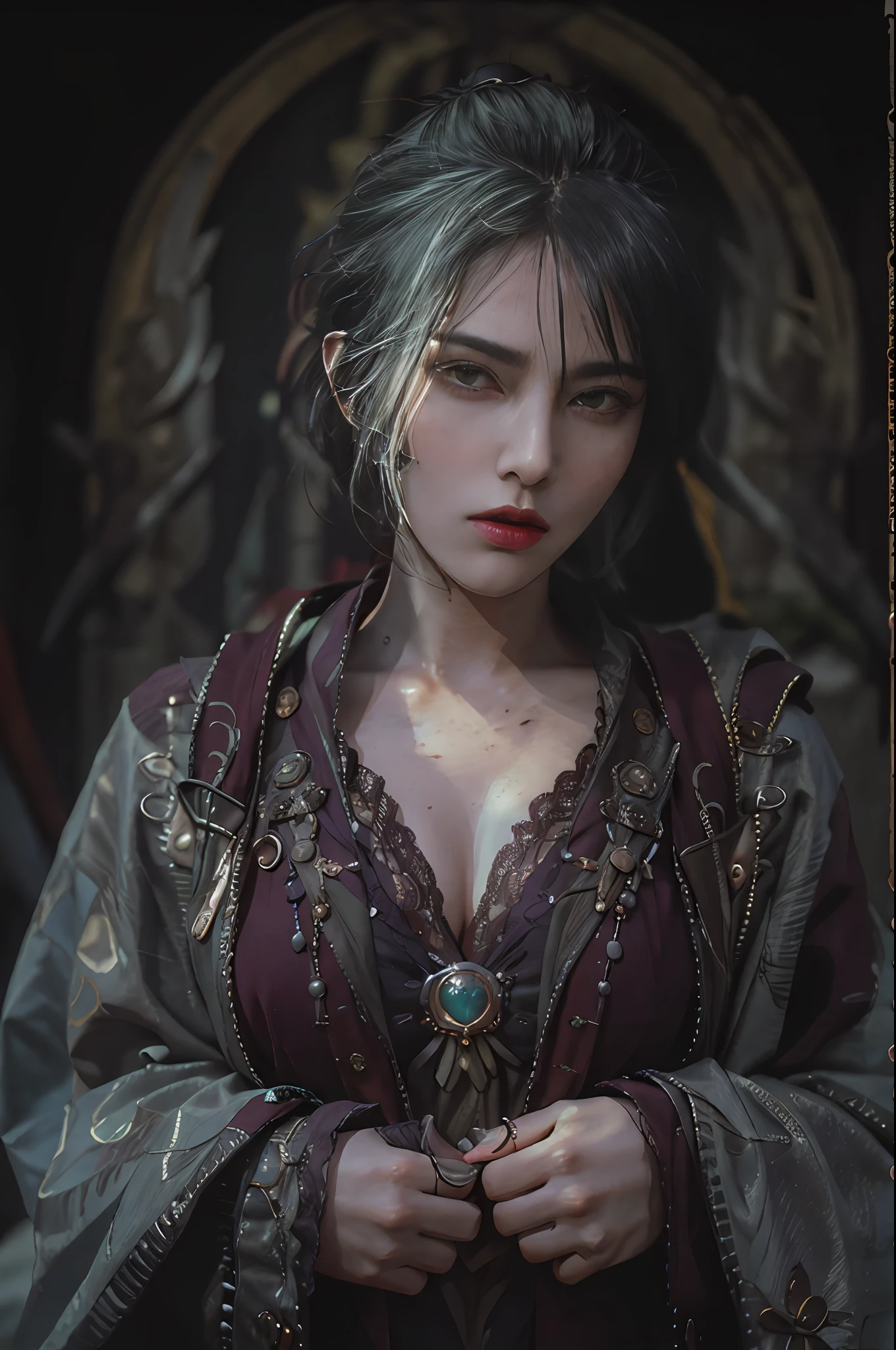 masterpiece, highest quality, RAW, analog style, A stunning portrait of a beautiful woman, morrigan, breast, wearing a mage robe, ((highly detailed skin, skin details)), sharp focus, 8k UHD, DSLR, high quality, film grain, Fujifilm XT3, polaroid, frowning, intricately details, highly detailed, cluttered and detailed background