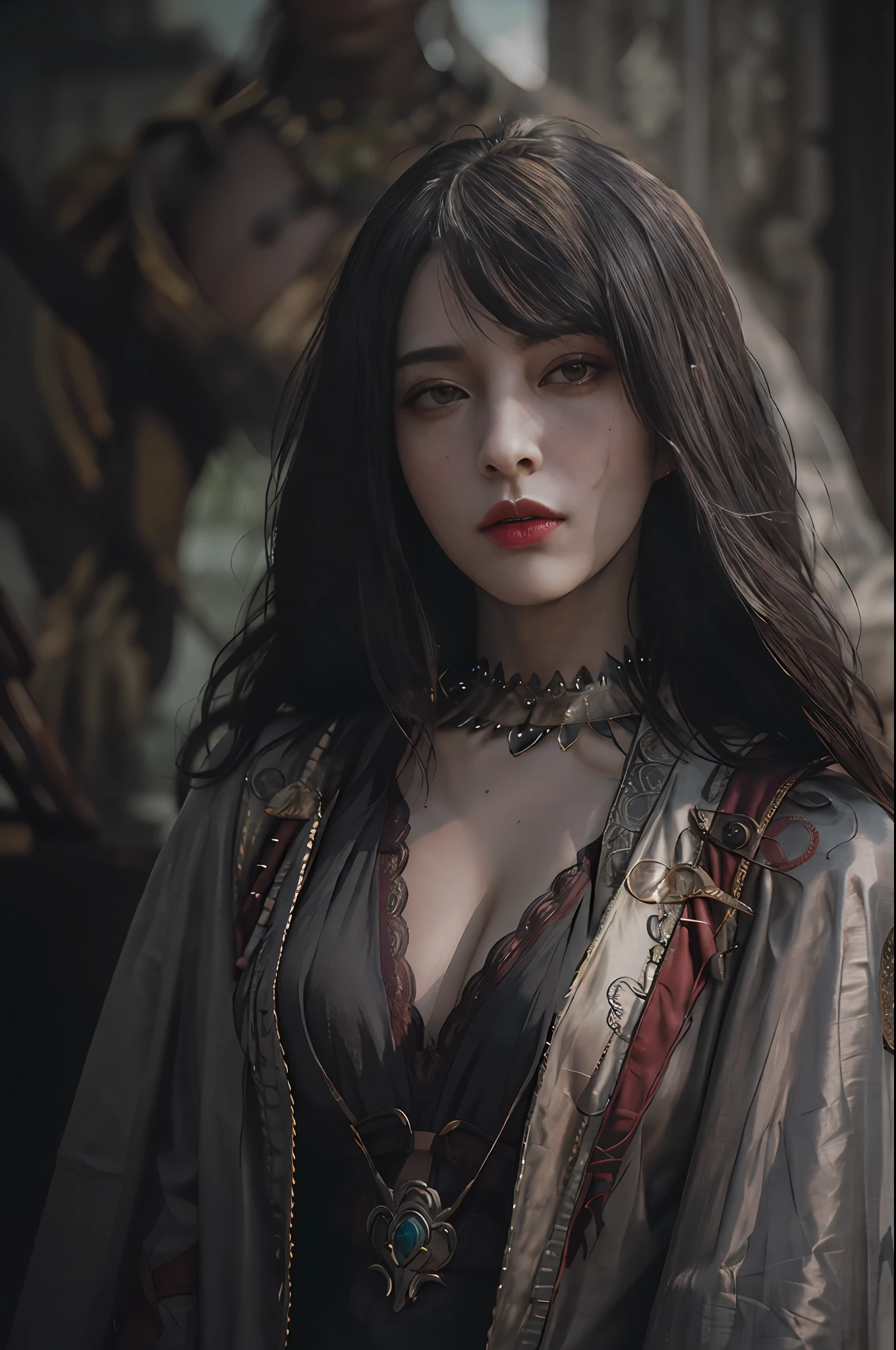 masterpiece, highest quality, RAW, analog style, A stunning portrait of a beautiful woman, morrigan, breast, wearing a mage robe, ((highly detailed skin, skin details)), sharp focus, 8k UHD, DSLR, high quality, film grain, Fujifilm XT3, polaroid, frowning, intricately details, highly detailed, cluttered and detailed background
