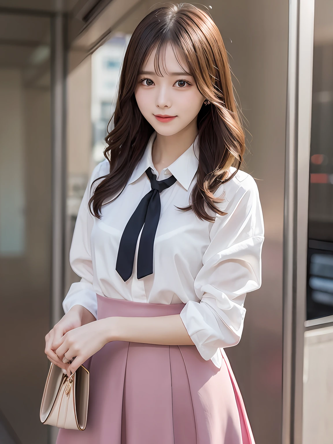 tmasterpiece,top-quality,offcial art,Highly detailed CG Unity 8K wallpapers,Like schoolgirls,very delicate beautiful,超高分辨率,(realisticlying:1.4),Golden hour lighting,(The upper part of the body),(Platinum shorthair:0.8),(puffy eye),looking at viewert,facingfront,ssmile,JK skirt,pinkdress,Shirt boosts long black hair