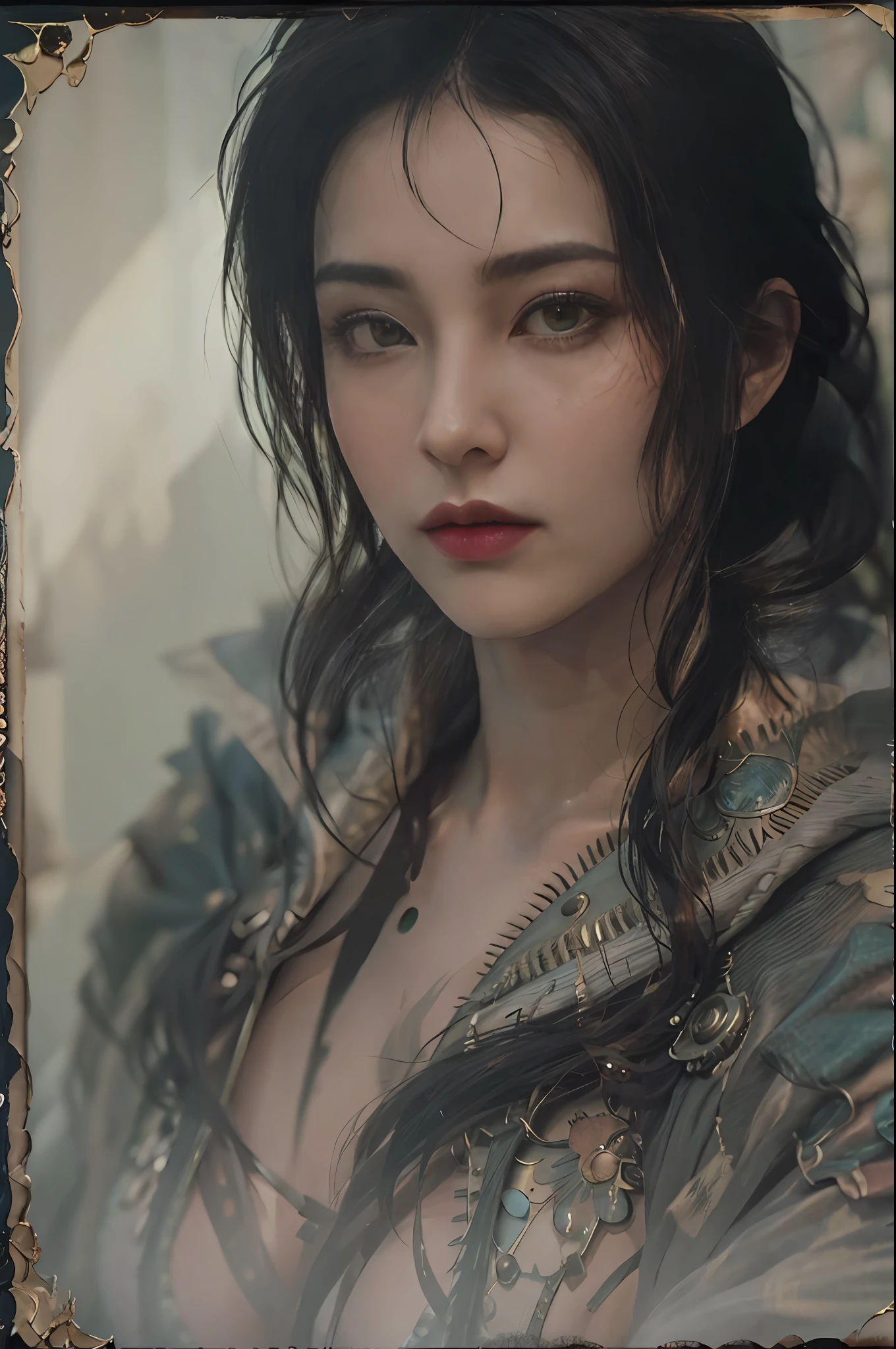 masterpiece, highest quality, RAW, analog style, A stunning portrait of a beautiful woman, morrigan, breast, wearing a mage robe, ((highly detailed skin, skin details)), sharp focus, 8k UHD, DSLR, high quality, film grain, Fujifilm XT3, polaroid, frowning, intricately details, highly detailed, cluttered and detailed background