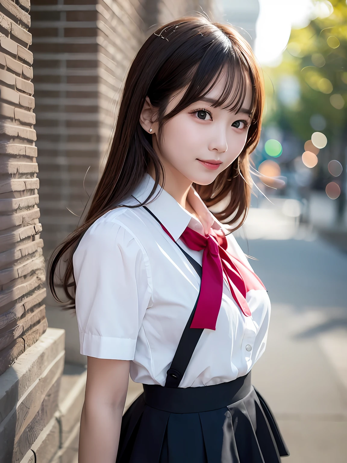 tmasterpiece，top-quality，offcial art，Highly detailed CG Unity 8K wallpapers，Like schoolgirls，very delicate beautiful，超高分辨率，（realisticlying：1.4），Golden hour lighting，（The upper part of the body），（Platinum shorthair：0.8），（puffy eye），looking at viewert，facingfront，ssmile，JK skirt，pinkdress，Shirt boosts long black hair