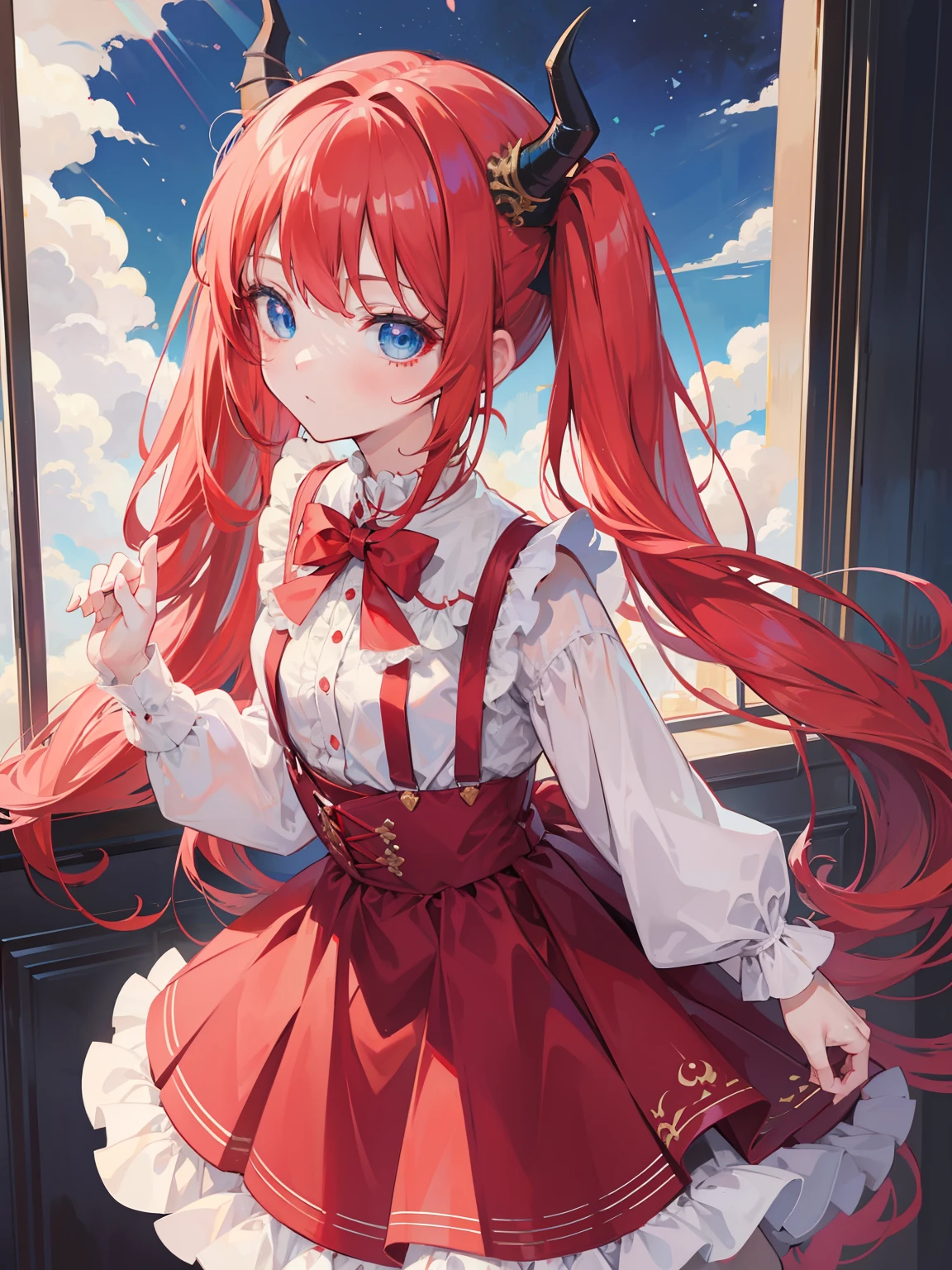 {{best quality}}, {{masterpiece}}, {{ultra-detailed}}, {illustration}, {detailed light}, red hair,blue eyes,twintails,lolita,Suspenders skirt,Fantastic,loli,solo,Dragon horns,little girl,long hair