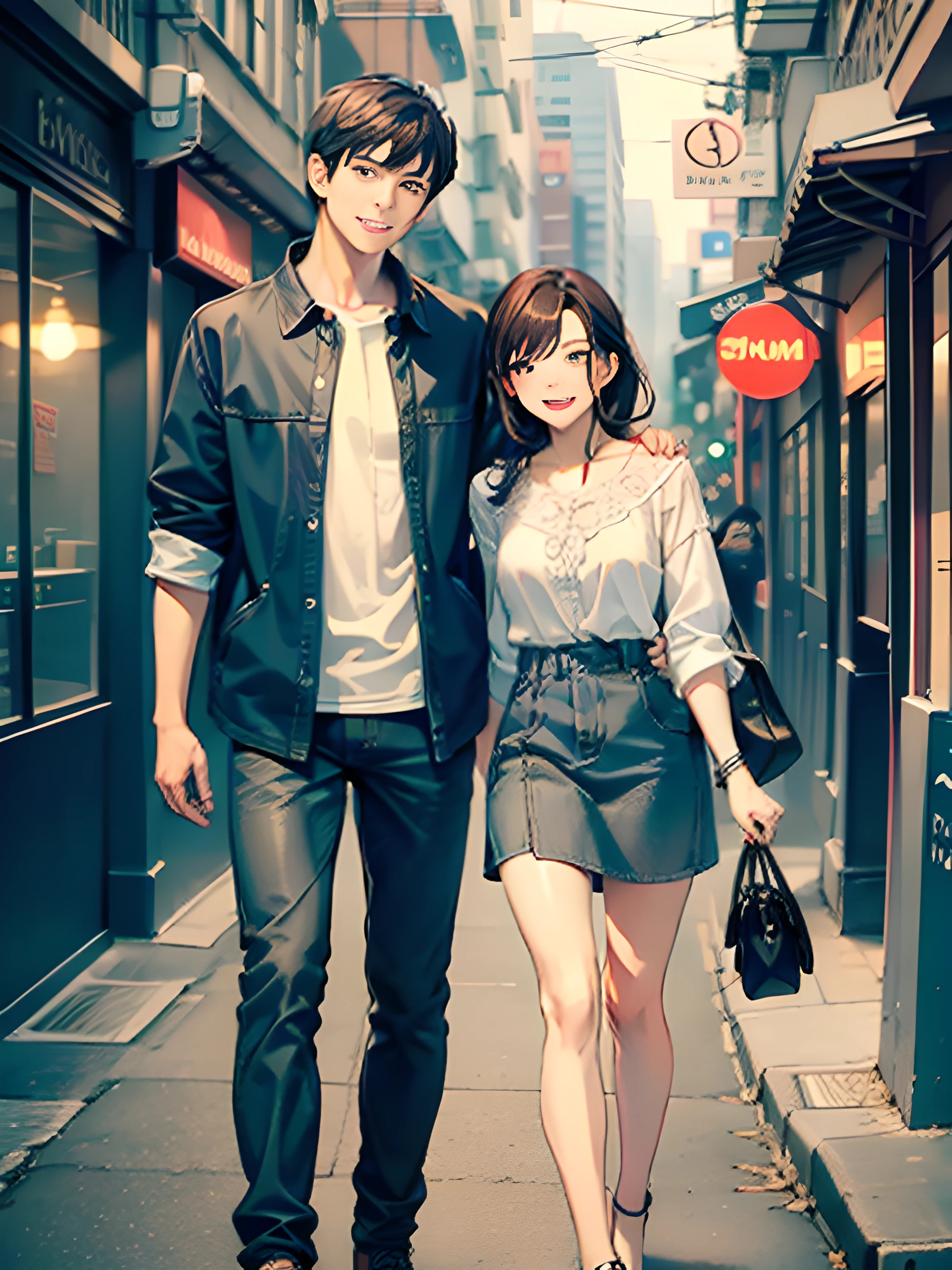 masterpiece, best quality, 2others, couple, 1man with 1woman, mature, adult, Height difference, different fashion, different color, finely detailed eyes and detailed face, intricate details, casual clothes, oversized shirt, modern urban street, holding hands, smile, happy, love