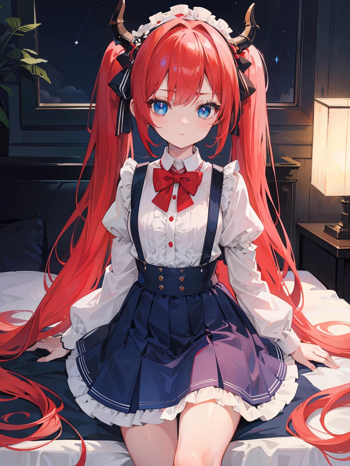 {{best quality}}, {{masterpiece}}, {{ultra-detailed}}, {illustration}, {detailed light}, red hair,blue eyes,twintails,lolita,Suspenders skirt,Fantastic,loli,solo,Dragon horns,little girl,long hair