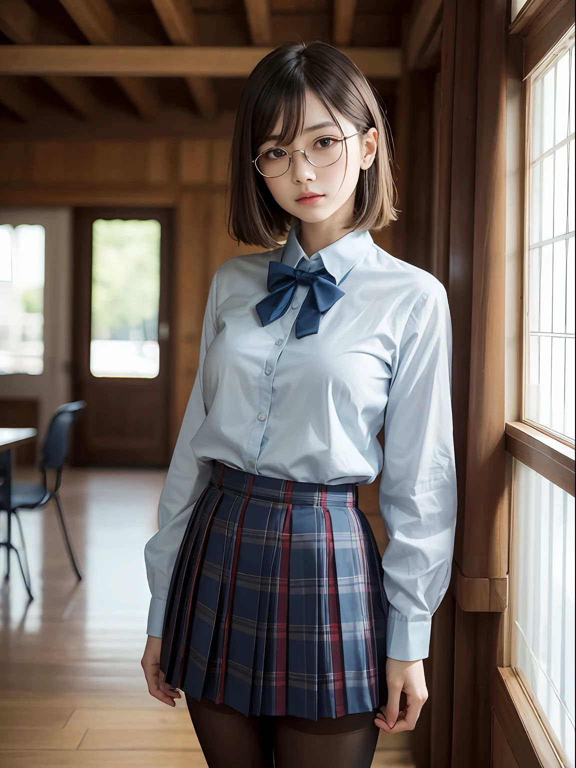 (8K、Raw photography、top-quality、masterpiece:1.2),Light Blue Bra,de pele branca,kne,(Black pantyhose),absurderes,a small face,small tits,flat breast,Parting the bangs from the middle、Forehead visible,(a cold expression<Tight eyes,glares,Bullish,skinny,Rasping,irate)、masterpiece,top-quality、超A high resolution,Raw photo,ren,Beautiful fece,One Person, 独奏,eye glass,,Dark look,Small breasts,fullllbody,Round glasses、cute little、JK school uniform,hi-school girl,A Japanese Lady,is standing,(Photorealsitic:1.37)、Photon mapping,Light blue ribbon,Realistic、Cute little face,Brown-eyed、Black socks、(Red bow tie)、Radio City、Physically Based Rendering、Foreground、depth of fields、Blurry background、a picture,The girls、Body,beauty legs, Long legs, Thin leg,Long bob cut,(Bangs are visible), hair, s lips, Blue_The eye, nosesoft,(Light blue shirt), (Navy and blue and white plaid pleated skirt), Knees are visible,Sheer clothing,, Thigh, Black cotton socks,Nogizaka Idol, 女優, Japanese ido