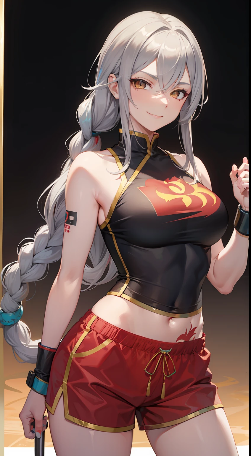 Adult woman, Gray hair in a long braid, golden eyes, sporty figure, Chinese turquoise top, Red Shorts, Tonfa, Tatoo, smirk, Masterpiece, hiquality