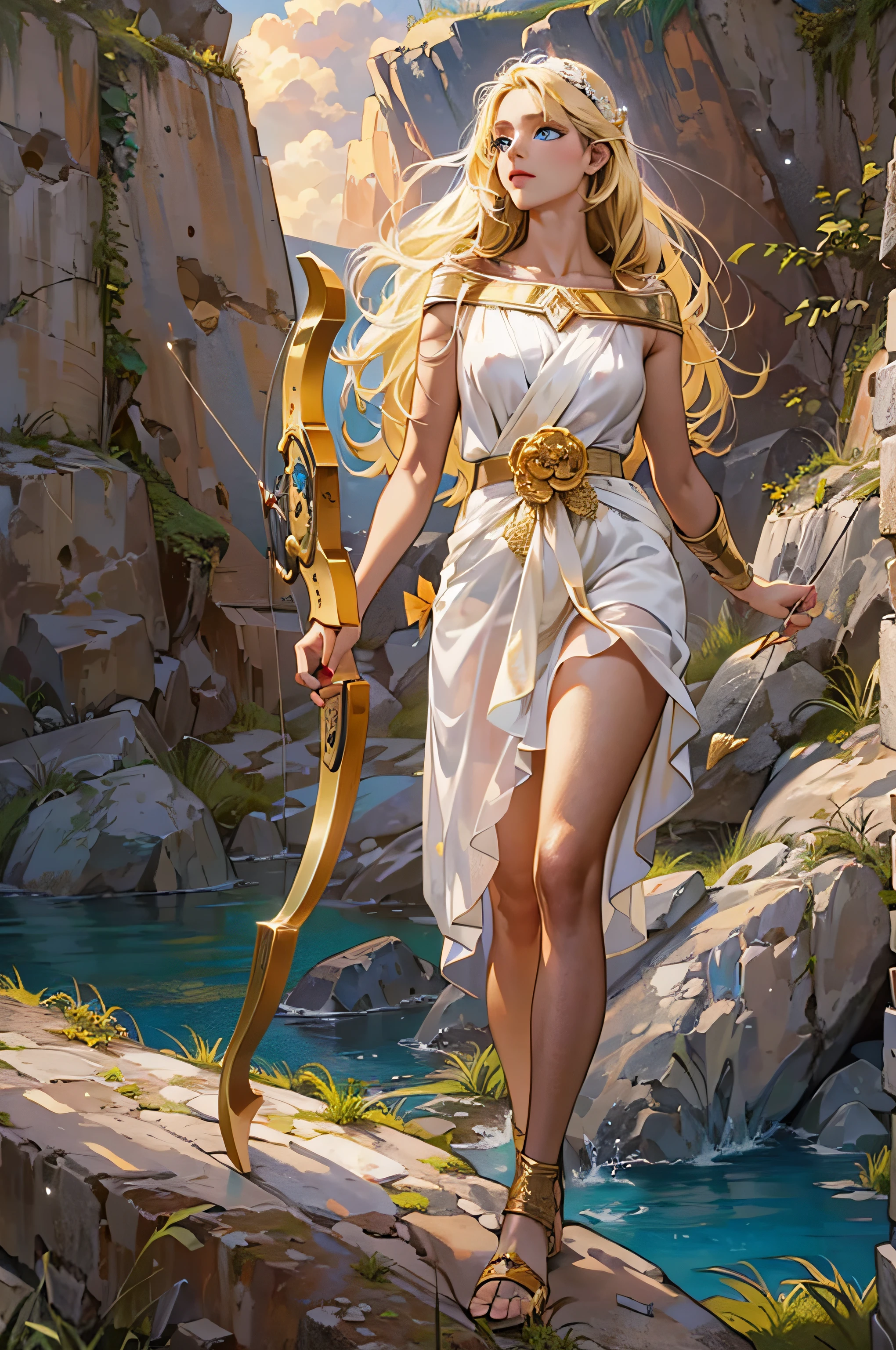 Young goddess of wild nature and virginity and hunting, With (((blonde hair))) and (((blue eyes))), Is stunningly beautiful, Is fair-skinned, Is slender and tall, Shows off her pair of perfect long legs, Wears {a sleeveless, (very short: 1.7), (white:1.5), greek chiton, with golden borders}, Abs, "looks stern and determined", Is holding ((a golden bow)), Is running and chasing her prey, Archery, Mythical Arcadian mountains and forests, Greek mythology, vibrant and lively atmosphere, digital art, hyperrealism, super high quality, super detail, ultra accurate description of hands, masterpiece, 8k, HDR