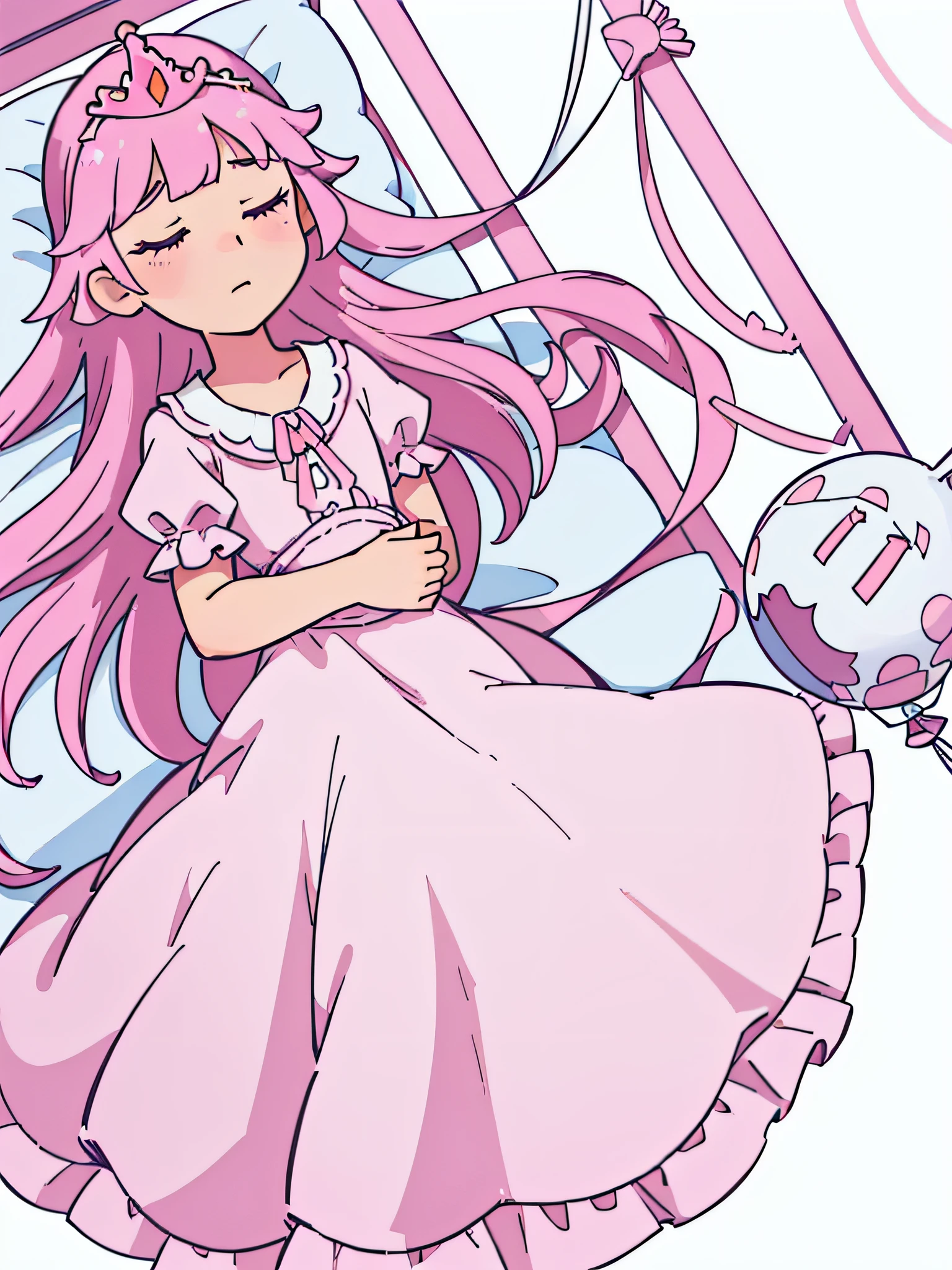 ((Flat illustration)),((white background)), (A sleeping princess wearing a beautiful and beautiful pink dress : 1.5), (dreaming), [dreaming of a handsome prince], ((dream balloon)), bedroom, ((1 girl)), bed, luxurious room, door Camera Pov, medium angle shot, eye leve angle shot