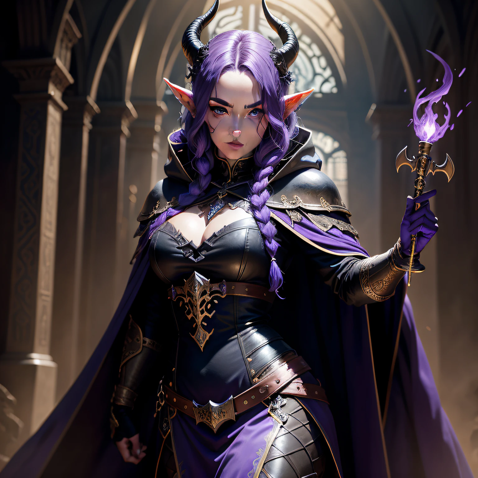 Epic fantasy style，Bust，1 beautiful woman who looks like the devil，The identity is an assassin，Purple curly braid，blue colored eyes，It has black goat horns and elven ears on its head，Wearing leather armor and a cape with a hood，A dance mask is covered over the face，A dagger is hidden behind him，detail-rich，tmasterpiece