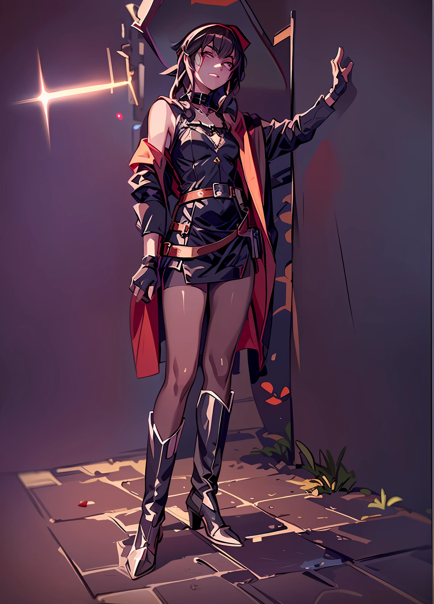 ((best quality)), ((masterpiece)), (detailed), ultra detailed, 1girl, solo
stare, looking at viewer, (interview:1.3),
1girl, beam, belt, black_hair, brown_hair, cape, collar, convenient_censoring, diffraction_spikes, dress, eyebrows_visible_through_hair, fingerless_gloves, gloves, glowing, glowing_weapon, hat, holding, laser, lens_flare, light_censor, light_rays, looking_at_viewer, magic, megumin, open_mouth, red_dress, red_eyes, short_hair, small_breasts, solo, sparkle, sparks, staff, thighhighs, witch_hat