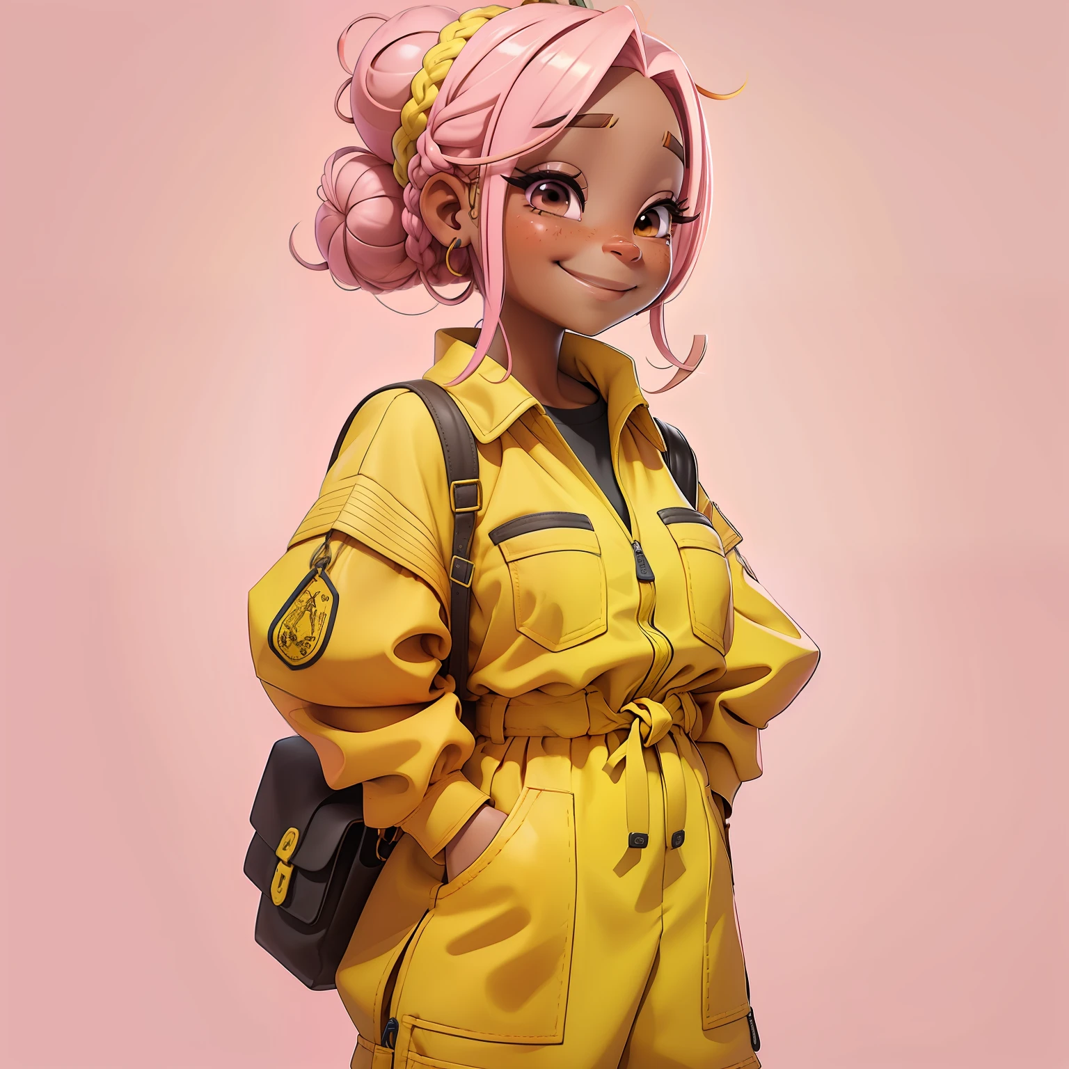 , corpo inteiro, renda delicada, sorrindo e leve, tons claros, livros e mochila, Slime cabelo longo bun estilo de cabelo, marrom e amarelo, pele clara, cabelo dread's dourados, roupas de jardineiro, pink and detailed jumpsuit, master part, best quality
