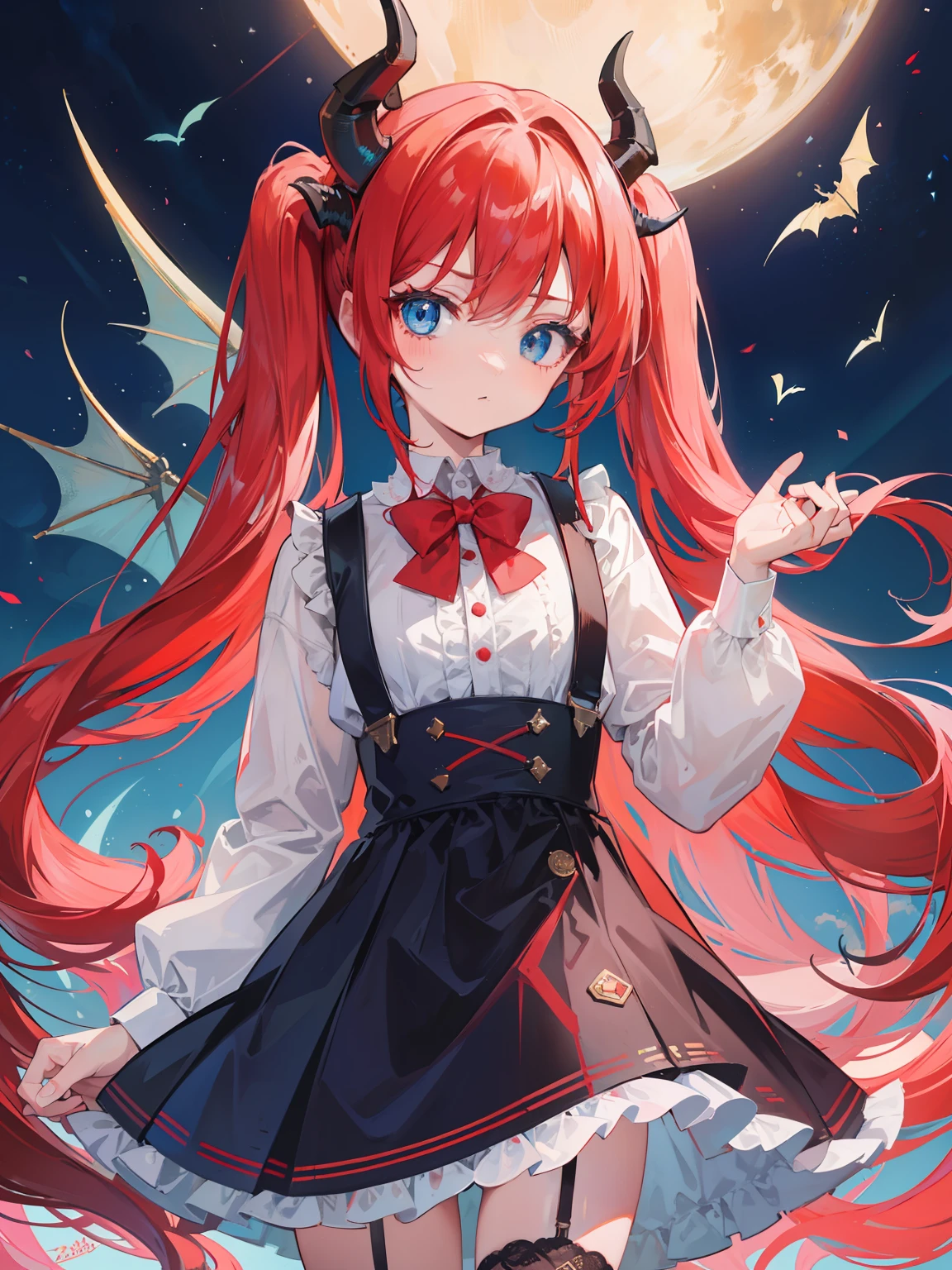 {{best quality}}, {{masterpiece}}, {{ultra-detailed}}, {illustration}, {detailed light}, red hair,blue eyes,twintails,lolita,Suspenders skirt,Fantastic,loli,solo,Dragon horns,little girl,long hair