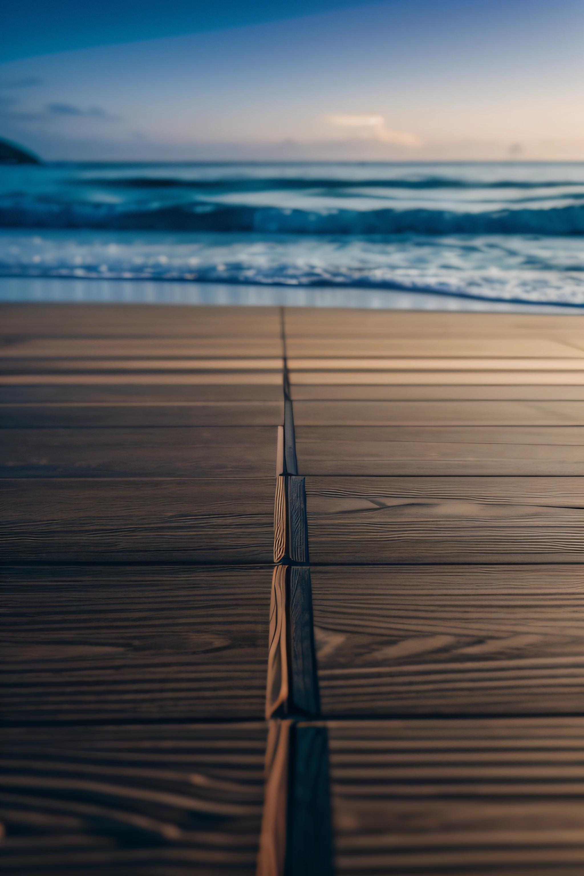 Wood floor deck on blur beach background - can be used for display or montage your products, shot with Sony Alpha a9 II and SONY FE 35MM F/1.4 GM lens, natural ligh, hyper realistic photograph, ultra detailed