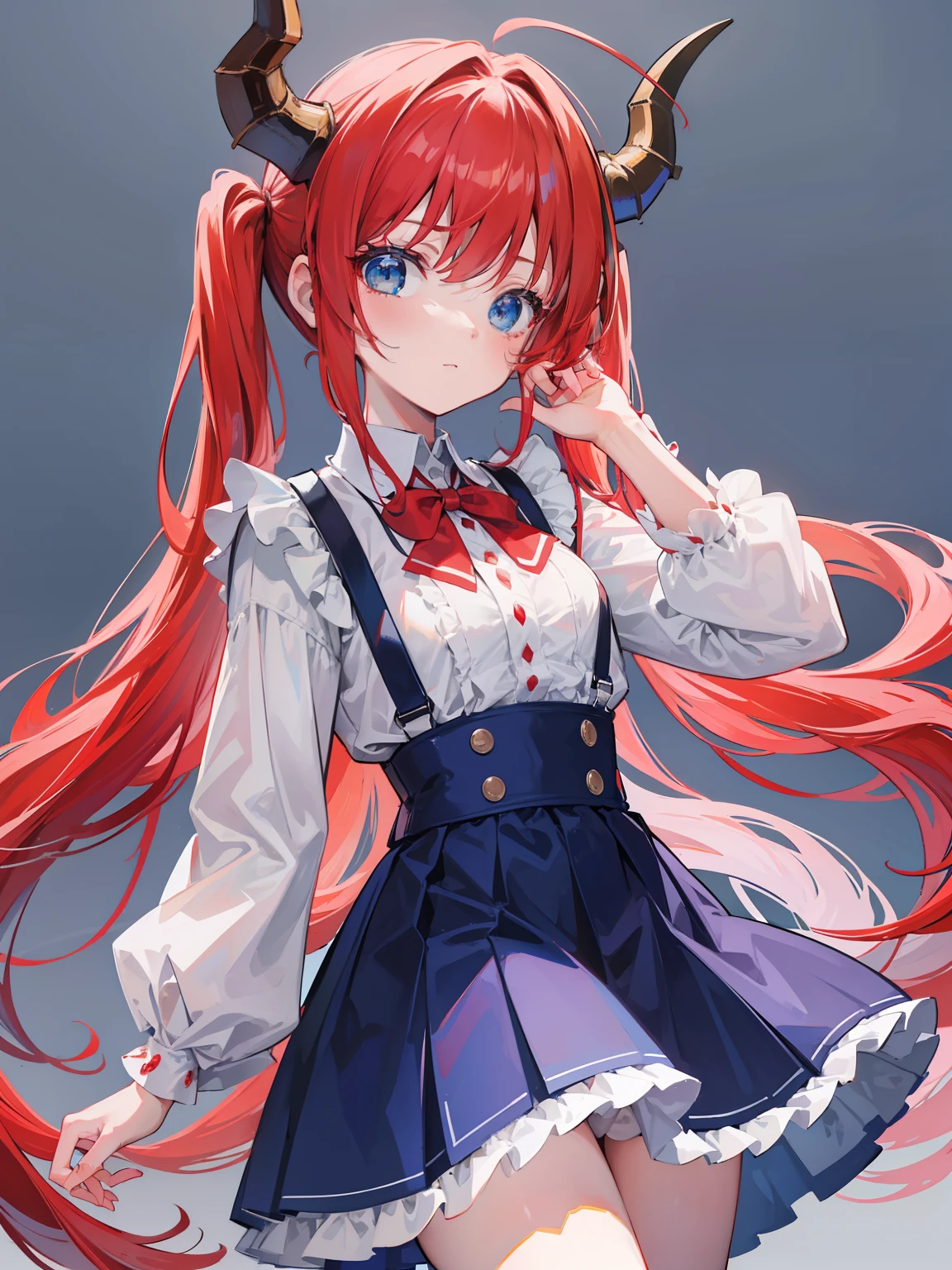 {{best quality}}, {{masterpiece}}, {{ultra-detailed}}, {illustration}, {detailed light}, red hair,blue eyes,twintails,lolita,Suspenders skirt,Fantastic,loli,solo,Dragon horns, girl,long hair