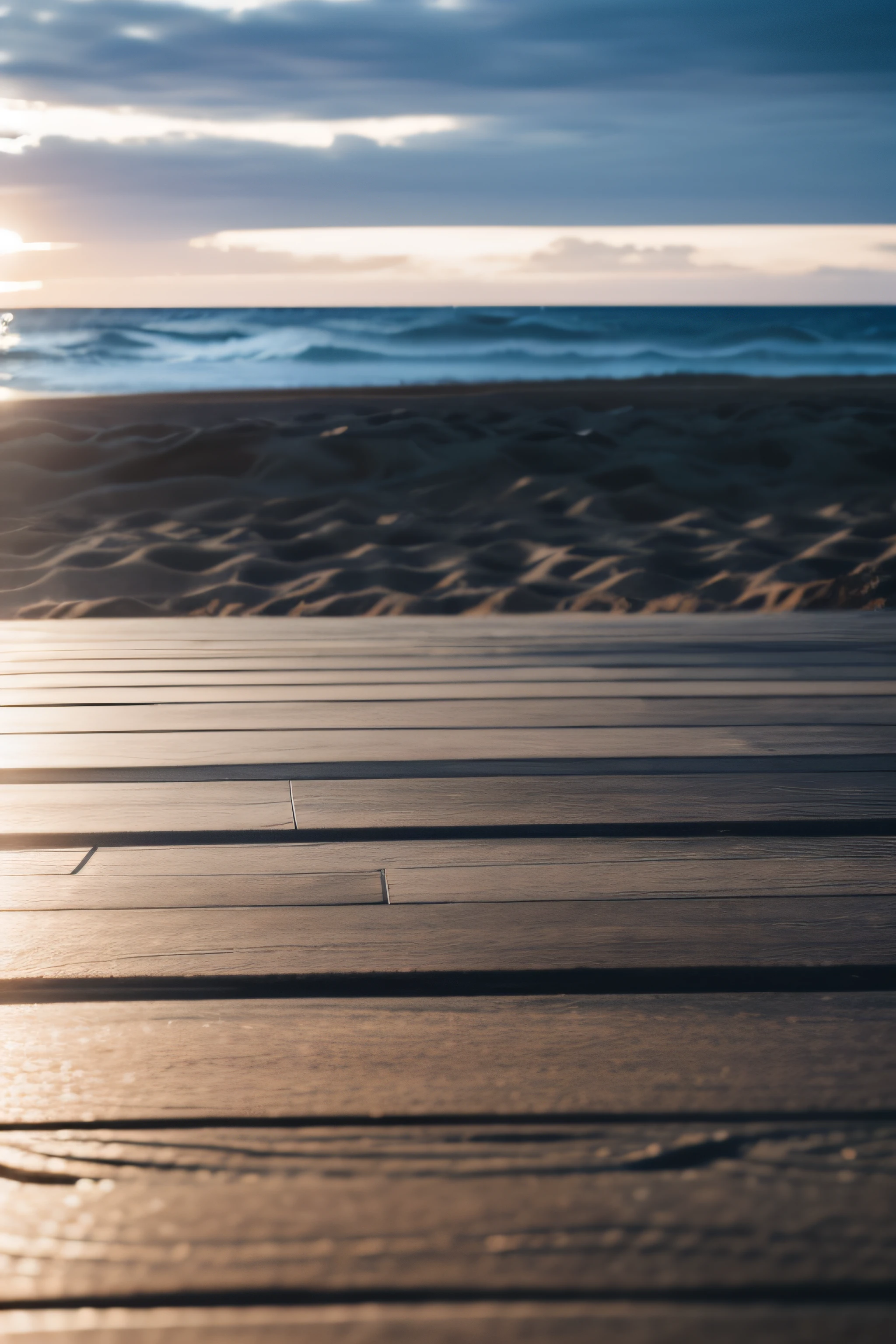 Wood floor deck on blur beach background - can be used for display or montage your products, shot with Sony Alpha a9 II and SONY FE 35MM F/1.4 GM lens, natural ligh, hyper realistic photograph, ultra detailed