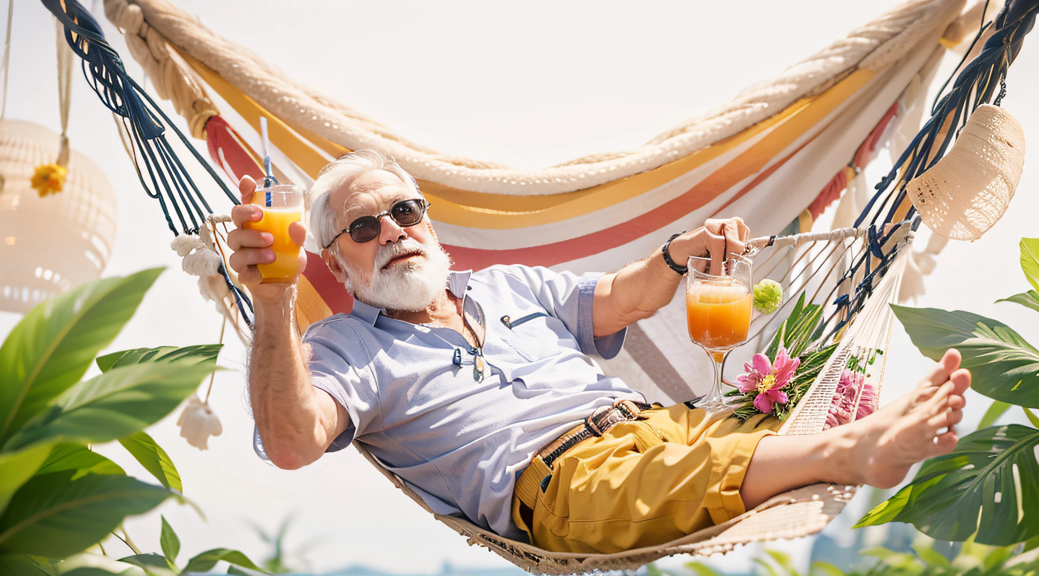 A friendly and cute old man with a white beard with a glass of juice lying in a hammock with flowery shorts and a very relaxed shirt. A heavenly landscape, high resolution detailed image, 8k, white background