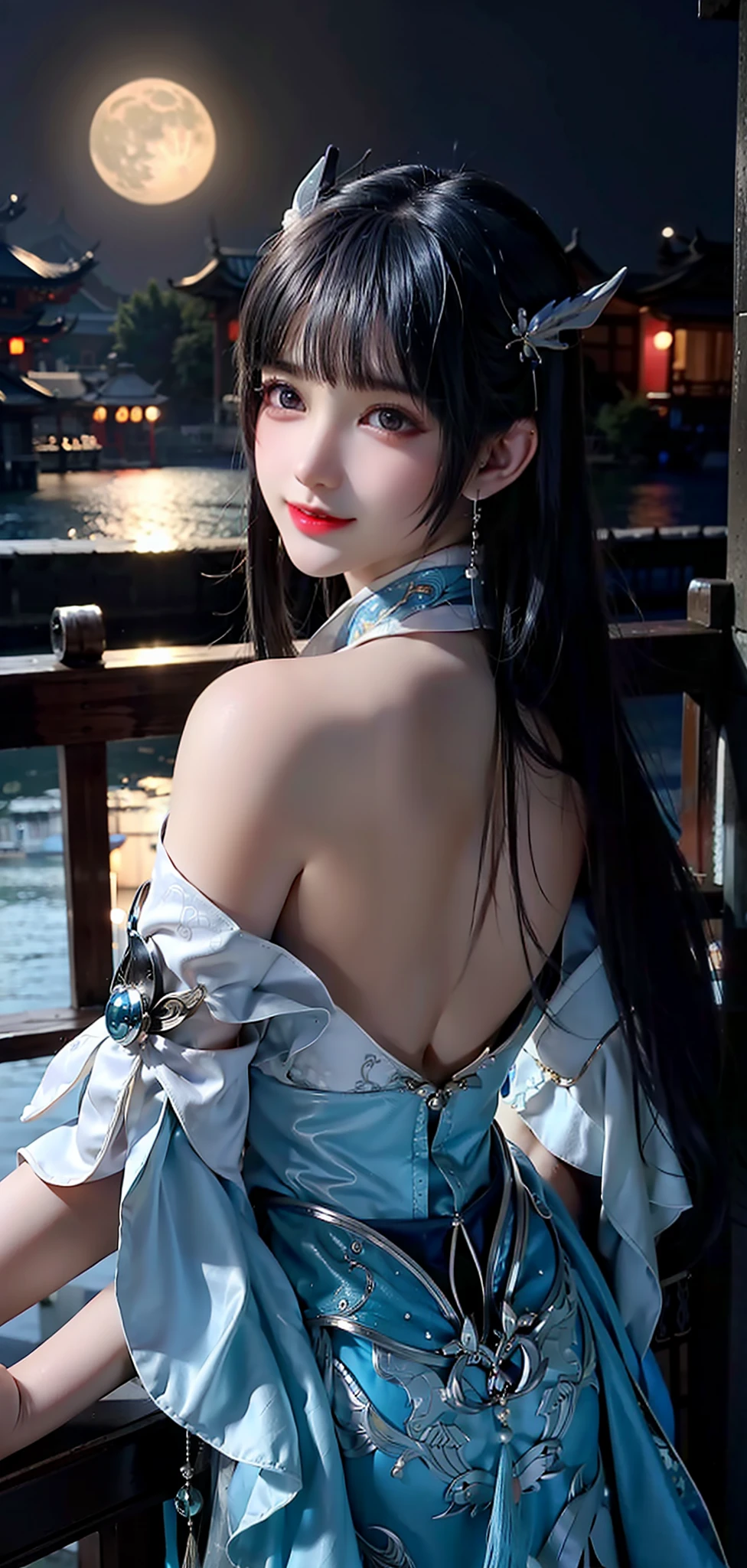 beautiful Girl,Bare back,back Lighting,Chinese dragon tattoo,Silver bracelet,Long hair shawl,River side,the night,Moon,Big eyes close-up,Upper body photo