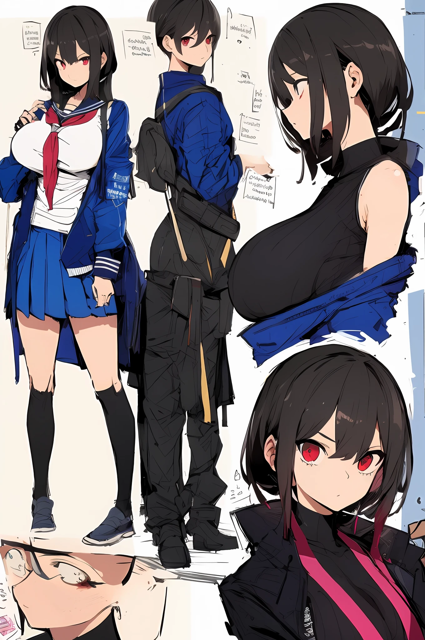 masterpiece, top-quality, high_resolution, fine detailed, highly detailed and beautiful, Distinct_image, 1 rapariga, 独奏, , A dark-haired, red eyes, (huge-breasted), (tits out),((School uniform)),(Miniskirt),thighhigh,