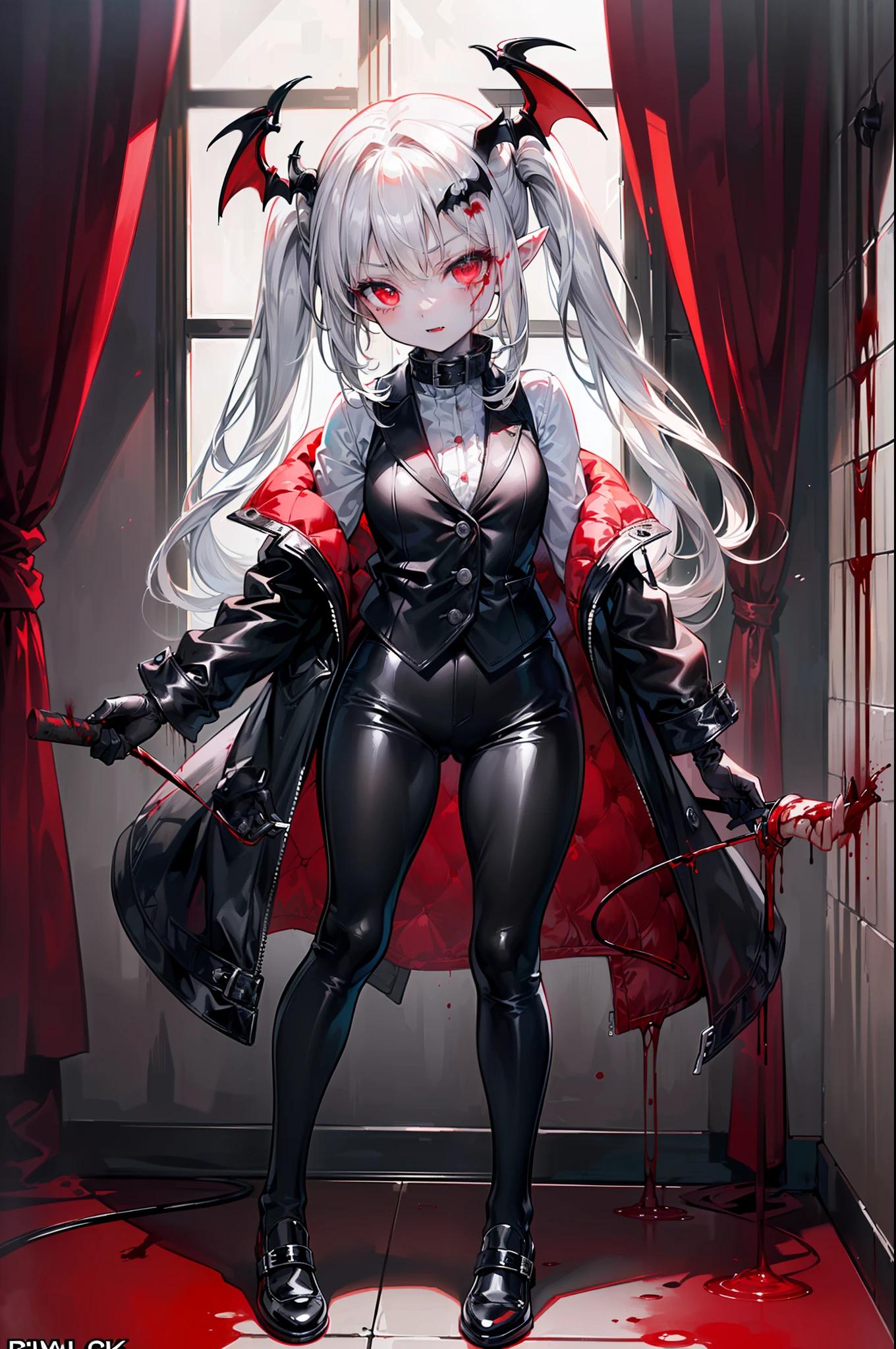 ((masterpiece, best quality, extremely detailed CG, unity 8k wallpaper,anatomically correct,ultra resolution)),Award-winning photography,(best illumination,Very Delicate and Beautiful),(one girl,solo,loli:1.5),(Vampire:1.45),silver hair,(twintails:1.2),(glowing red eyes:1.25),(pale skin:1.45),(extremely beautiful and detailed face:1.2), (extremely beautiful and detailed eyes:1.2),perfect hands,delicate legs,((bat hair ornament)),(fashion style,death atmosphere),pointy ears,skinny,((black leather long coat:1.4, ,black leather pants:1.2,black vest,black leather shoes,black leather gloves,poped collar)),looking at viewer,menacing,(holding whip:1.3),head tilt,dark persona,evil,(cute:1.5),((night, dark atmosphere, dark theme, darkness:1.5,dynamic angle)),dramatic shadows,(dimly lit:1.5),blood on face,blood on floor, blood on walls,(blood mist,blood splash:1.4),depth of field,(devil city:1.3),hell flames,gothic castle,(perfect human body structure with maximum precision)