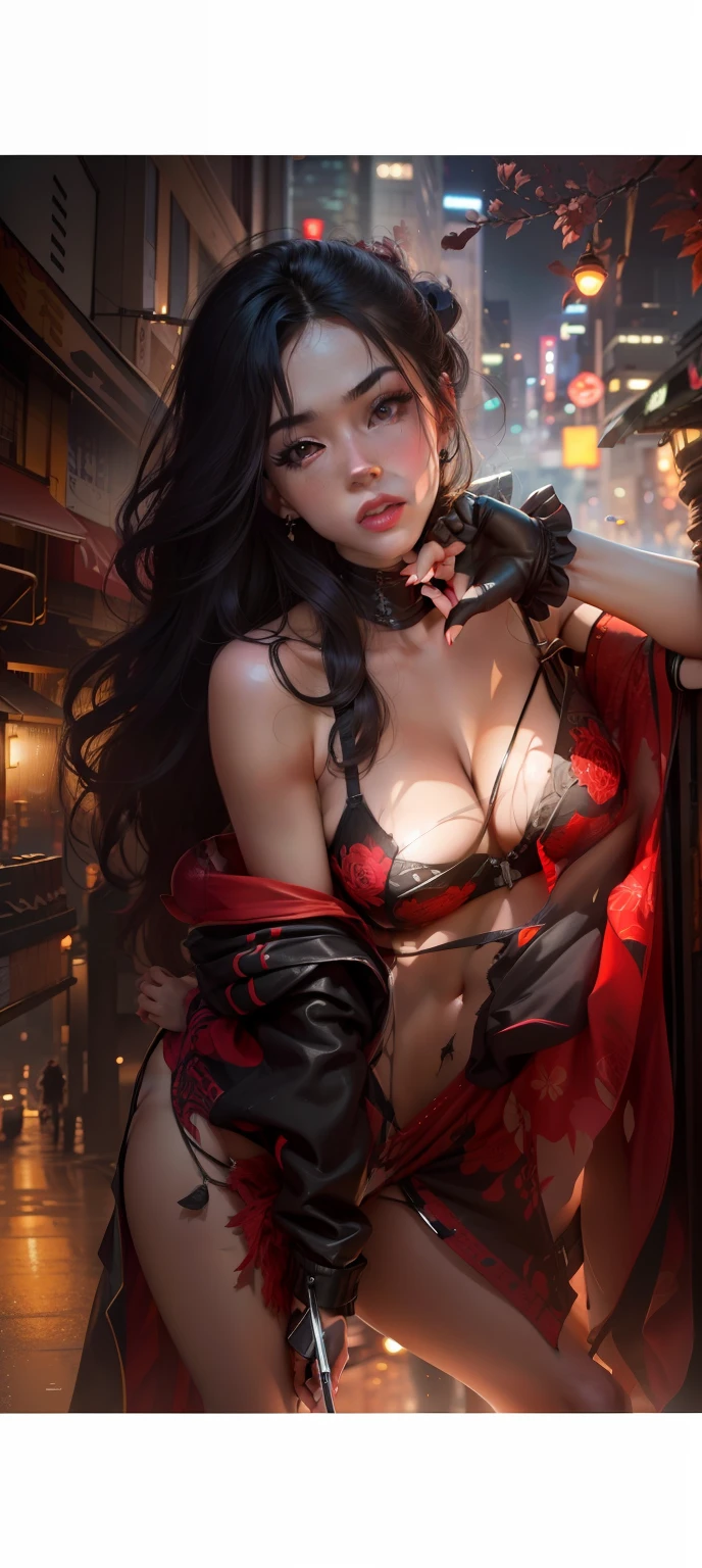 (8k, RAW photo, highest quality, masterpiece: 1.2), (realistic, photorealistic: 1.37), 1 girl, Japan, 20s, cityscape, night, professional lighting, photon mapping, radiosity, torn, big, bright red see-through and very small in size, boob tips protruding, areola protruding, pubic shape clearly visible, more eyelashes, Bright red lip, black heels, pubic hair, bristles on the lower abdomen, slender, open crotch, are big and about to spill out of the bra