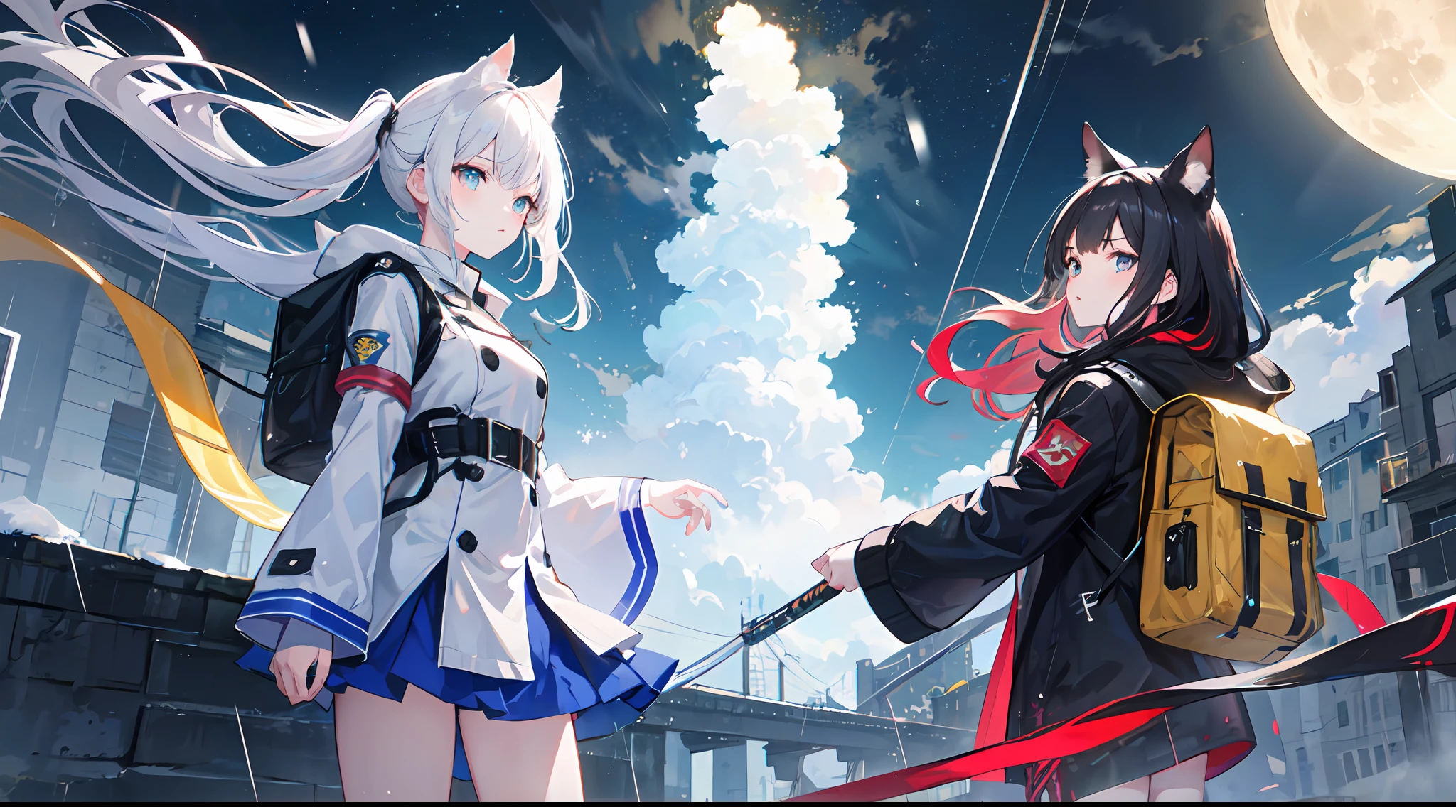 ((high qulity)), ((tmasterpiece)), 8K, Two girls, bulletproof vest, llight rays, Extremely detailed CG unifies 8K, 8K, Diamond, and wallpaper, GameCG, looking at viewert, mitts, Boots, full bodyesbian, Wrist watch, Computer,Masks，UAVs，handheldweapons，Earphone，jaket，Bao，backpacks，Ark of tomorrow style，Black and white blend trench coat，围巾，with short white hair，Issuing，The sword，yellow armband，Yellow band，Black strap，blue stripe，red color eyes，The sword，Firearms，Straighten your hair with both hands，Detailed hands，detailed back ground，detailed face with，A masterpiece of the Rhode Island Bridge，（best qualtiy：1.2），（super-fine：1.2），illustratio，（Extremely refined and beautiful：1.2），Movie Angle，floatking，（beatiful detailed eyes：1.1），（Detail light：1.1），电影灯光，Exquisite sky，woman，whaite hair，eBlue eyes，（high ponytails：1.1），cloaks，glowing light eyes，（themoon：1.2），（rays of moonlight：1.1），starrysky，（Light particles：1.1），Mist，Snow painting，full bloom，废墟，little bit of raining，，Earphone，White cat ears，Rained，Rain drops，Black hairpin，yellow armband，Blue sea，White tights，white stockings，城市，karo