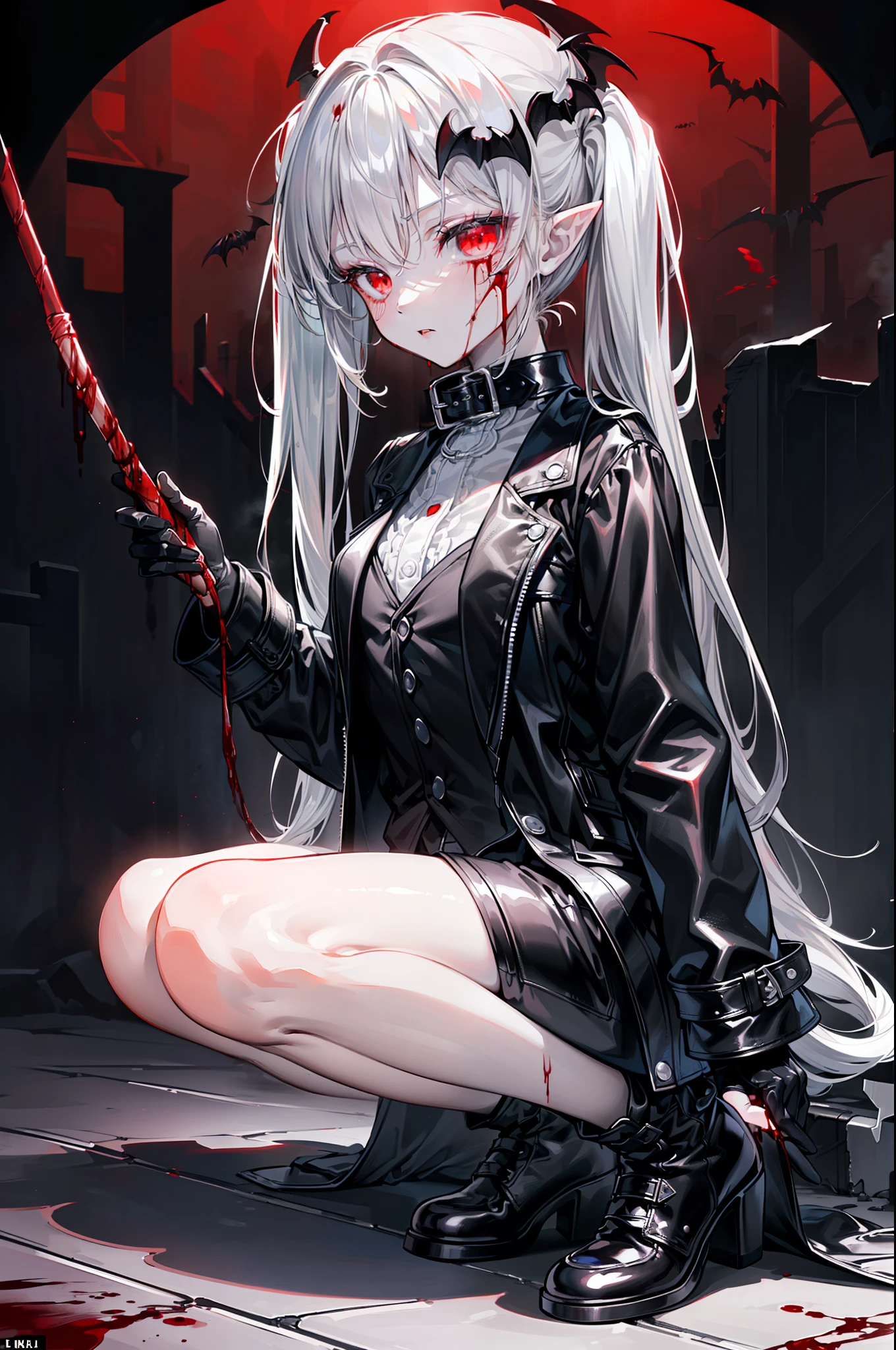 ((masterpiece, best quality, extremely detailed CG, unity 8k wallpaper,anatomically correct,ultra resolution)),Award-winning photography,(best illumination,Very Delicate and Beautiful),(one girl,solo,:1.5),(Vampire:1.45),silver hair,(twintails:1.2),(glowing red eyes:1.25),(pale skin:1.45),(extremely beautiful and detailed face:1.2), (extremely beautiful and detailed eyes:1.2),perfect hands,delicate legs,((bat hair ornament)),(fashion style,death atmosphere),pointy ears,skinny,((black leather long coat:1.4, ,black leather pants:1.2,black vest,black leather shoes,black leather gloves,poped collar)),looking at viewer,menacing,(holding whip:1.3),head tilt,dark persona,evil,(cute:1.5),((night, dark atmosphere, dark theme, darkness:1.5,dynamic angle)),dramatic shadows,(dimly lit:1.5),blood on face,blood on floor, blood on walls,(blood mist,blood splash:1.4),depth of field,(devil city:1.3),hell flames,(perfect human body structure with maximum precision)