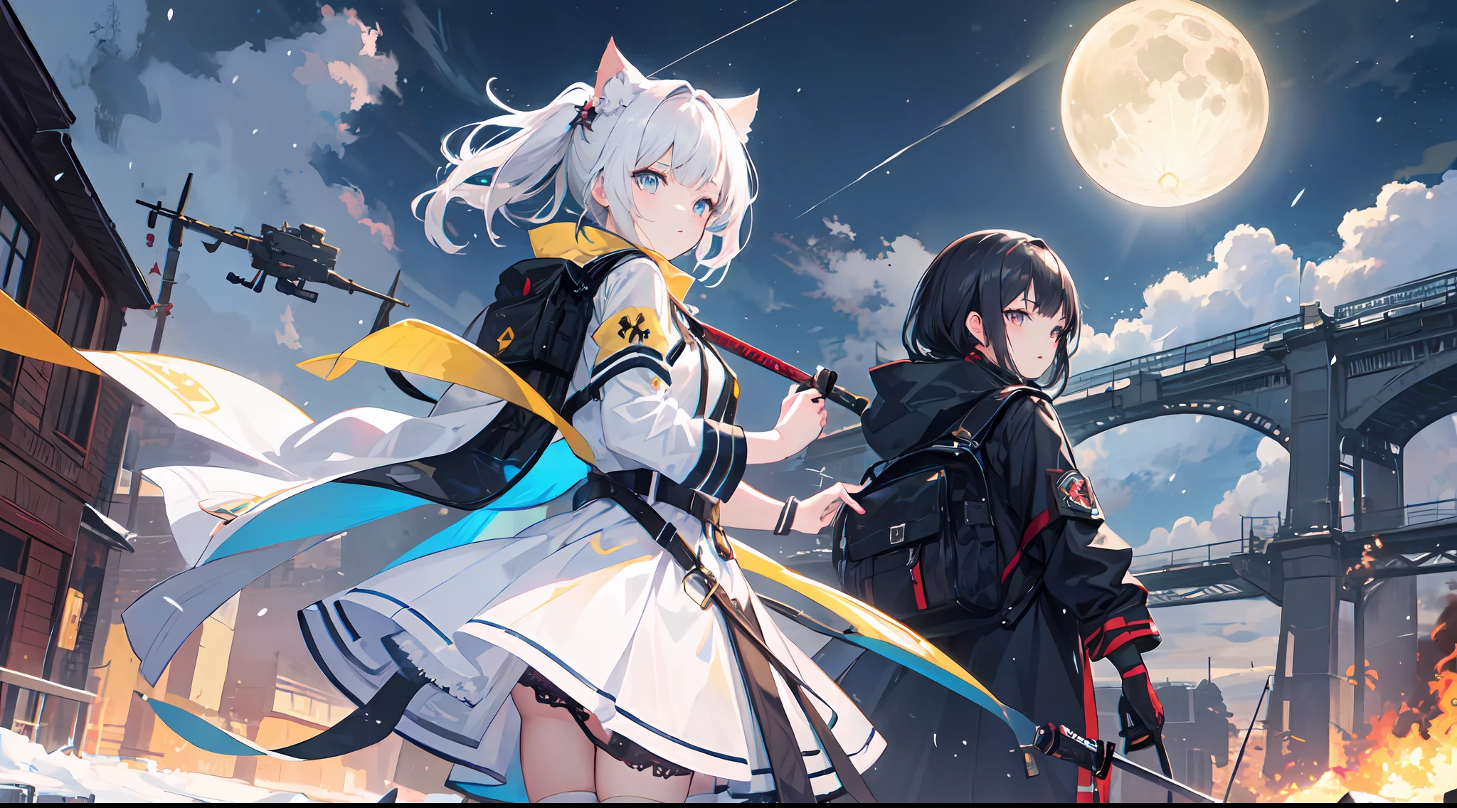 ((high qulity)), ((tmasterpiece)), 8K, Two girls, bulletproof vest, llight rays, Extremely detailed CG unifies 8K, 8K, Diamond, and wallpaper, GameCG, looking at viewert, mitts, Boots, full bodyesbian, Wrist watch, Computer,Masks，UAVs，handheldweapons，Earphone，jaket，Bao，backpacks，Ark of tomorrow style，Black and white blend trench coat，围巾，with short white hair，Issuing，The sword，yellow armband，Yellow band，Black strap，blue stripe，red color eyes，The sword，Firearms，Straighten your hair with both hands，Detailed hands，detailed back ground，detailed face with，A masterpiece of the Rhode Island Bridge，（best qualtiy：1.2），（super-fine：1.2），illustratio，（Extremely refined and beautiful：1.2），Movie Angle，floatking，（beatiful detailed eyes：1.1），（Detail light：1.1），电影灯光，Exquisite sky，woman，whaite hair，eBlue eyes，（high ponytails：1.1），cloaks，glowing light eyes，（themoon：1.2），（rays of moonlight：1.1），starrysky，（Light particles：1.1），Mist，Snow painting，full bloom，废墟，little bit of raining，，Earphone，White cat ears，Rained，Rain drops，Black hairpin，yellow armband，Blue sea，White tights，white stockings，城市，karo