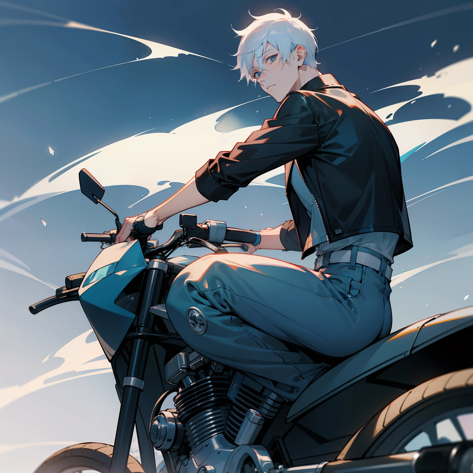 1 men, gojo satoru from jujutsu kaisen, handsome, white short hair, crystal blue eyes, wear a motorcycle leather jacket, sitting on a sports motorbike