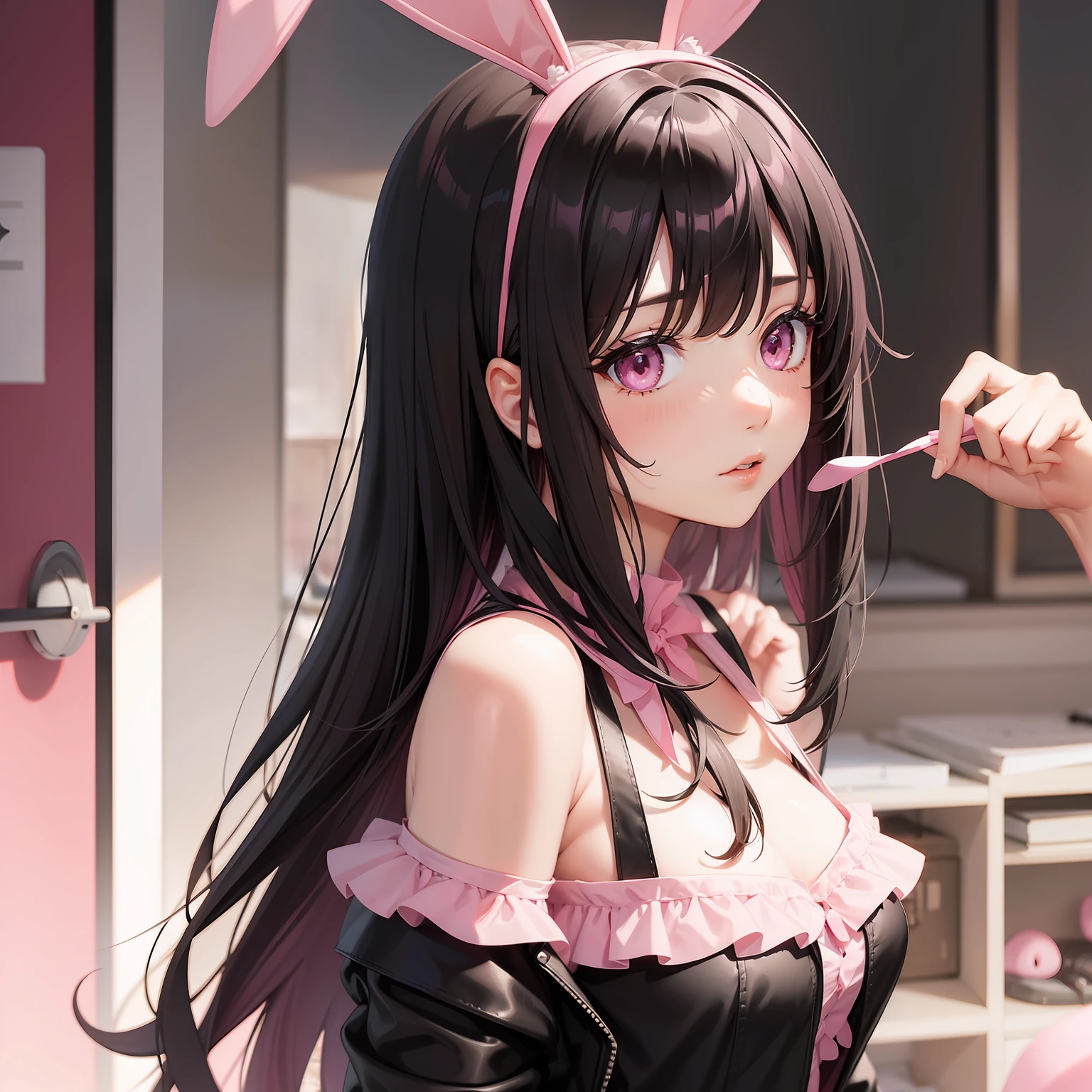 a women, pink bunny ears, black hair, pink eyes, pink dress