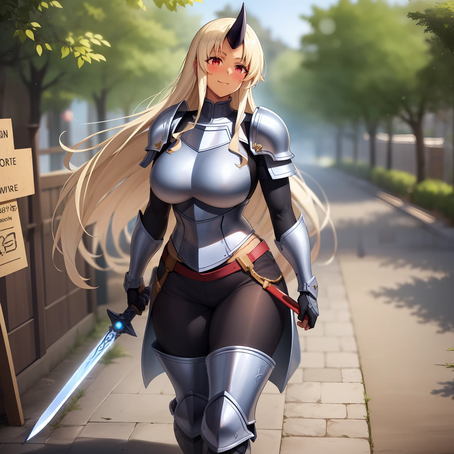 Sharp focus, 1girl, single horn, solo,blonde hair, very long hair, soles,( dark-skinned female:1.1), blush, smile, full body, large breasts, (red eyes:1.1),best quality, 4k, ((masterpiece)), extremely detailed, 8k, trending on ArtStation, walking, female knight, fantasy, full body armor, space marines armor, pants, holding sword, boots,, medieval village