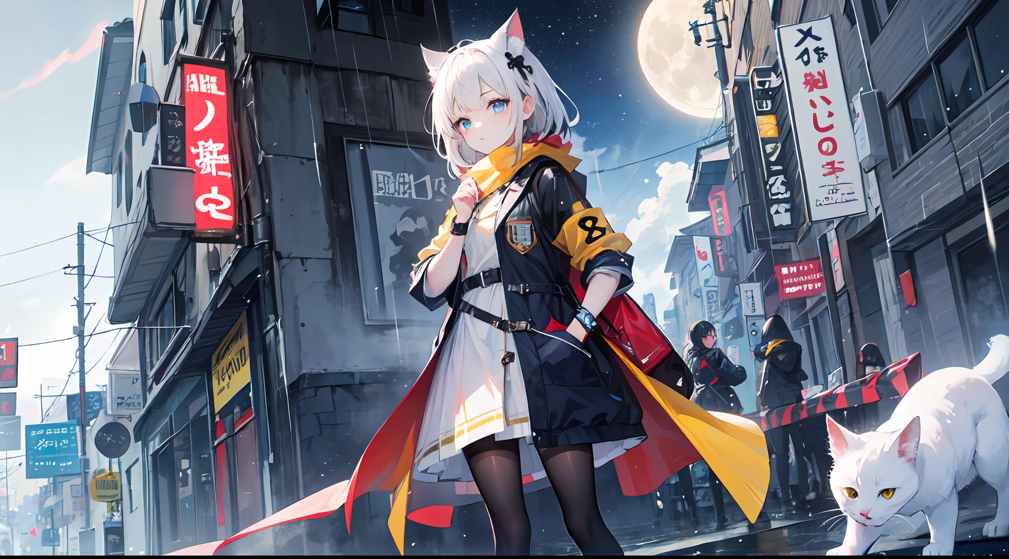 ((high qulity)), ((tmasterpiece)), 8K, Two girls, bulletproof vest, llight rays, Extremely detailed CG unifies 8K, 8K, Diamond, and wallpaper, GameCG, looking at viewert, mitts, Boots, full bodyesbian, Wrist watch, Computer,Masks,UAVs,handheldweapons,Earphone,jaket,Bao,backpacks,Ark of tomorrow style,Black and white blend trench coat,围巾,with short white hair,Issuing,The sword,yellow armband,Yellow band,Black strap,blue stripe,red color eyes,The sword,Firearms,Straighten your hair with both hands,Detailed hands,detailed back ground,detailed face with,A masterpiece of the Rhode Island Bridge,(best qualtiy:1.2),(super-fine:1.2),illustratio,(Extremely refined and beautiful:1.2),Movie Angle,floatking,(beatiful detailed eyes:1.1),(Detail light:1.1),电影灯光,Exquisite sky,woman,whaite hair,eBlue eyes,(high ponytails:1.1),cloaks,glowing light eyes,(themoon:1.2),(rays of moonlight:1.1),starrysky,(Light particles:1.1),Mist,Snow painting,full bloom,废墟,little bit of raining,,Earphone,White cat ears,Rained,Rain drops,Black hairpin,yellow armband,Blue sea,White tights,white stockings,城市,karo
