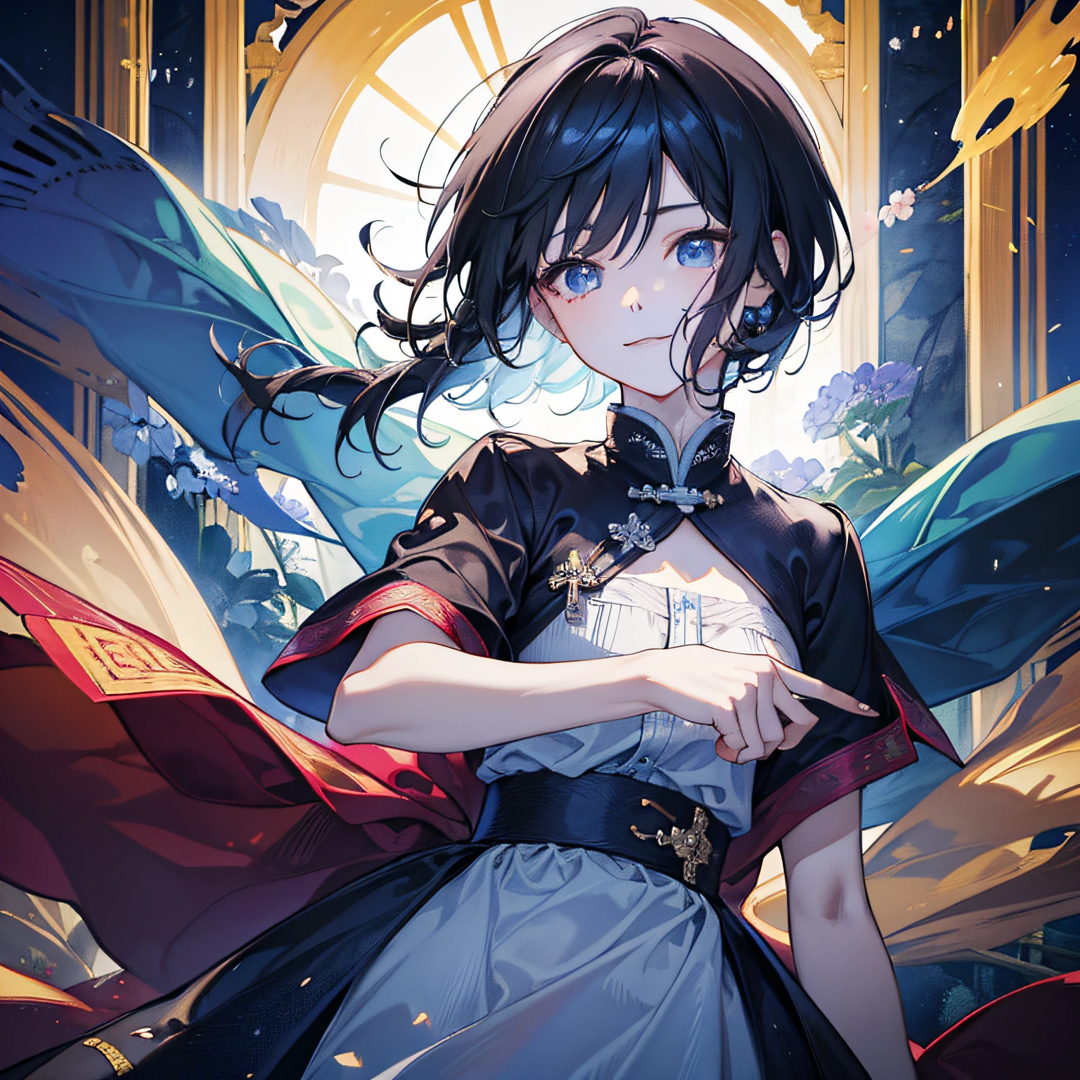 in 8K、top-quality、​masterpiece:1.2)、1人の女性、(Smiling smile:1.1)、beautidful eyes、Valley、The upper part of the body、shorth hair、Like a boy 、Quirk hair
