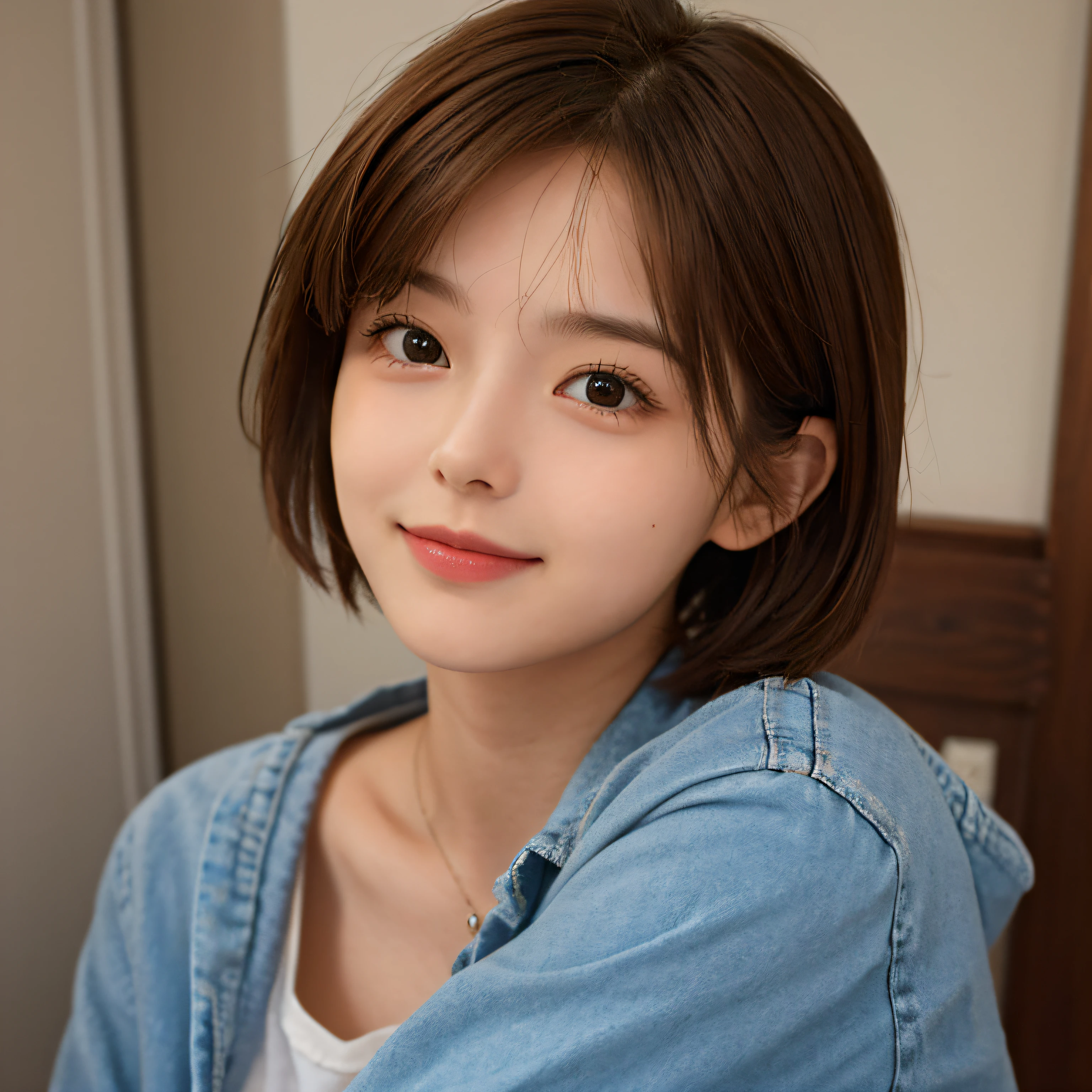 Cute girl in her 20s,Brown hair，short-cut