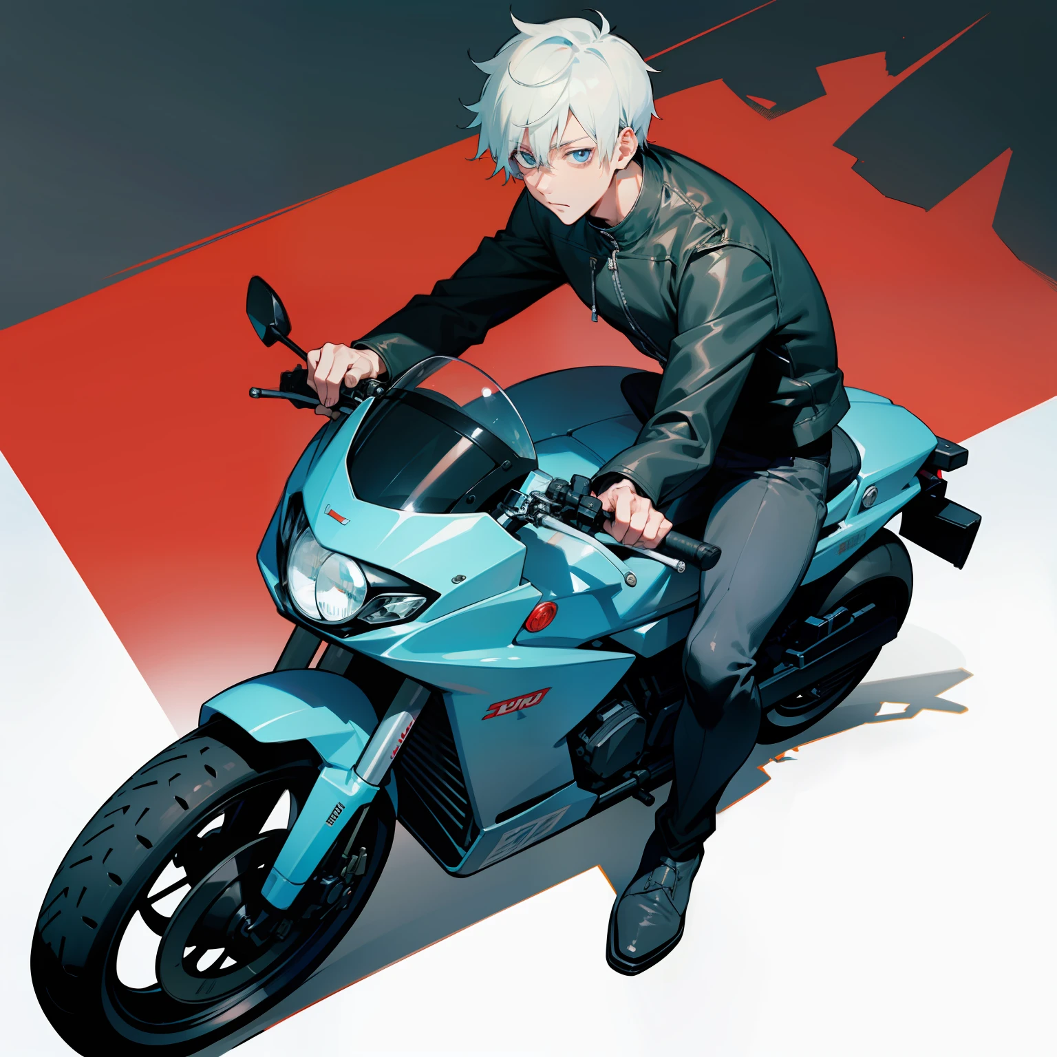 1 men, gojo satoru from jujutsu kaisen, handsome, white short hair, crystal blue eyes, wear a motorcycle leather jacket, sitting on a sports motorbike