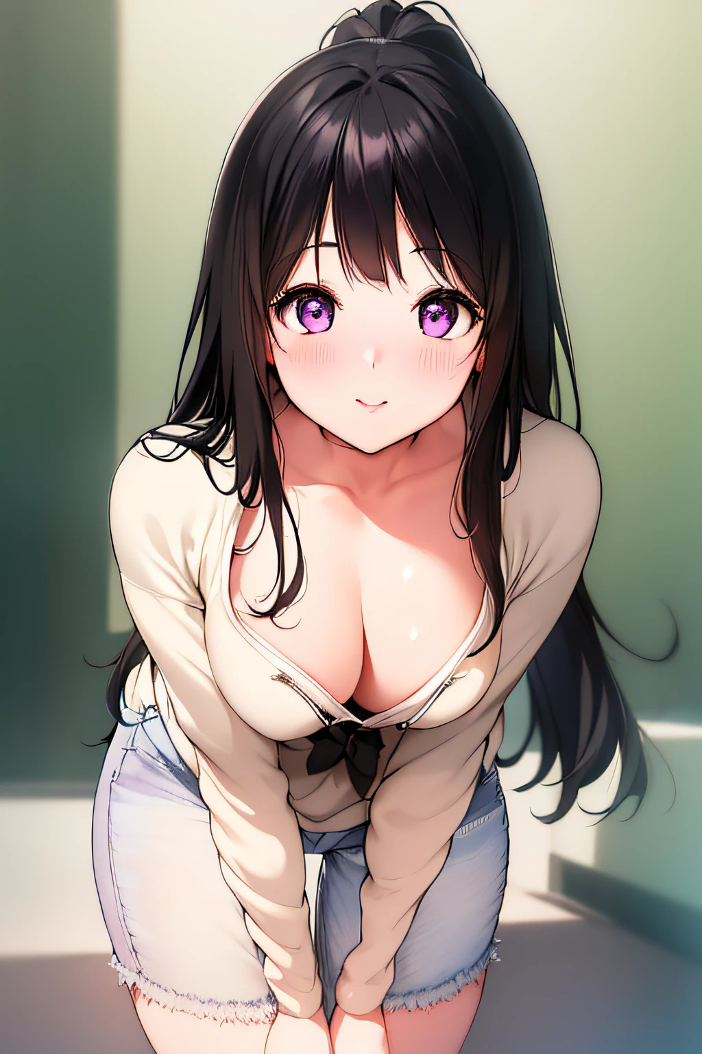 A superb exquisite Chitanda Eru, purple eyes, black long hair, ponytail, straight bangs, (Small_breasts: large_breasts: 0.4), (solo), ((shorts jeans)), ((hoodie)), eyeglasses, ((blush)), timid smile, extremely delicate, straight facial features, peerless beautiful girl, soft, (kawaii), dreamy quality, light white and dark brown, exaggerated facial features, solid color, delicate face, bright lips slightly open, slender waist, soft curves, real light and shadow, super fine, 4k, natural moving, Ultra high resolution, (masterpiece:1.2, best quality), (finely detailed beautiful eyes: 1.2), (beautiful detailed face)