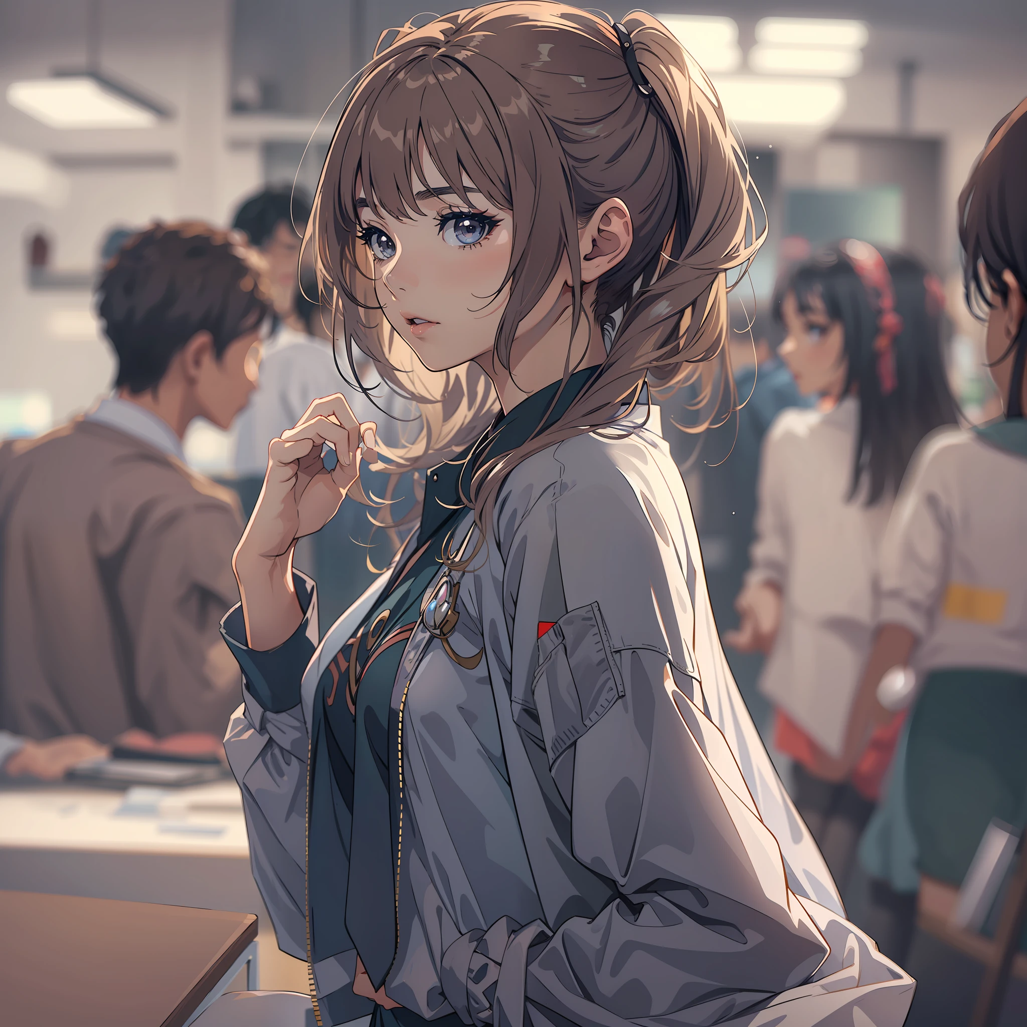 (1 Garota com cabelos brancos ultra detalhada,vistida de um terno feminino,olhos vermelhos,estilo masahi Kishimoto e murata,corpo de jovem adolescente,Introducing at a company meeting,luzee brilhantes,cores vivas, peito grande,estatura de modelo,Korean traits),modelo de personagem
