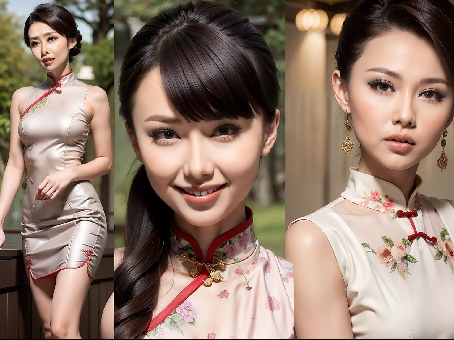 Fashion model 20 years old [[[[closeup cleavage]]]], [[[[boobgasm]]]], [[[[coll]]]], [[[[bshoulders]]]], perfect  eyes, Perfect iris，Perfect lips，perfect teeth，Perfect skin，Long face，slender nose，tall nose bridge，Soft front light，hdr，Movie girl，Pink cheongsam，Red cheongsam，White cheongsam，long whitr hair，Long hair with a shawl，Long hair like a waterfall，Green trees and flowers in the background，（pastel colour：1.2）