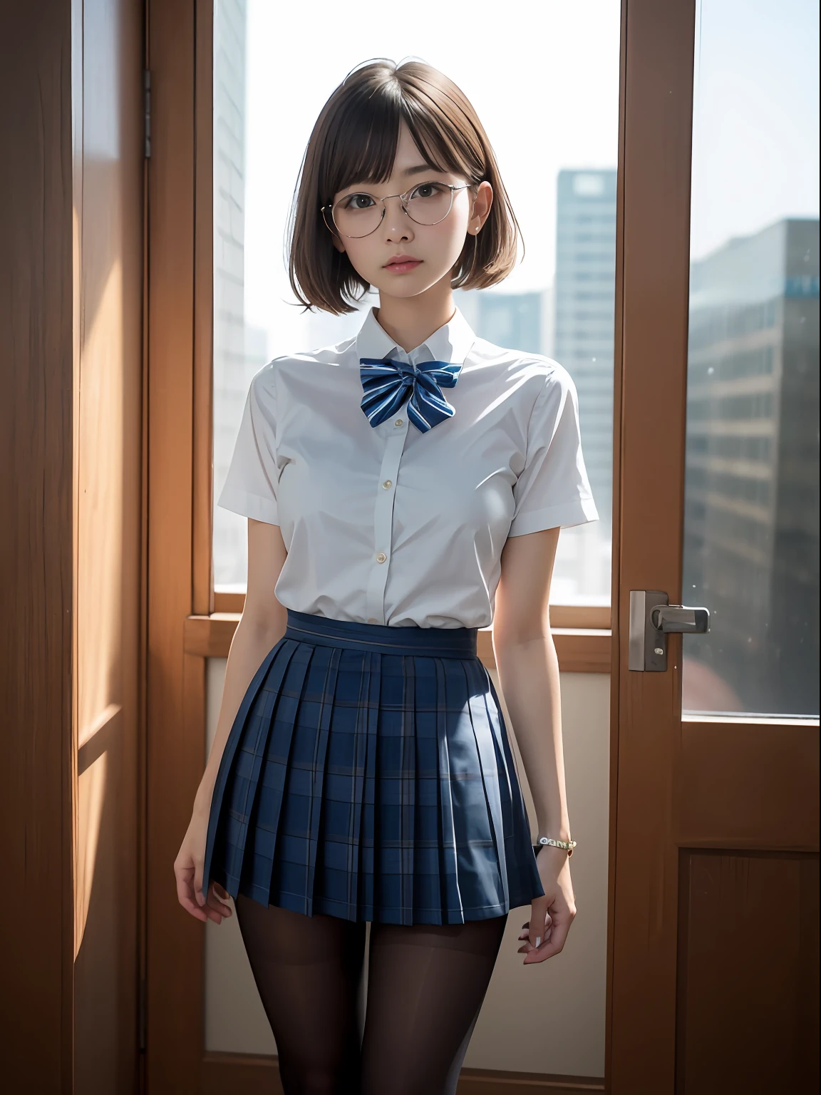 （8K、Raw photography、top-quality、​masterpiece：1.2),Light Blue Bra,de pele branca,kne,(Black pantyhose),absurderes,a small face,small tits,flat breast,Parting the bangs from the middle、Forehead visible,(a cold expression<Tight eyes,glares,Bullish,skinny,Rasping,irate)、​masterpiece,top-quality、超A high resolution,Raw photo,ren,Beautiful fece,One Person, 独奏,eye glass,,Dark look,Small breasts,fullllbody,Round glasses、cute little、JK school uniform,hi-school girl,A Japanese Lady,is standing,（Photorealsitic：1.37）、Photon mapping,Light blue ribbon,Realistic、Cute little face,Brown-eyed、Black socks、(Red bow tie)、Radio City、Physically Based Rendering、Foreground、depth of fields、Blurry background、a picture,The girls、Body,beauty legs, Long legs, Thin leg,Long bob cut,(Bangs are visible), hair, s lips, Blue_The eye, nosesoft,(Light blue shirt), (Navy and blue and white plaid pleated skirt), Knees are visible,Sheer clothing,, Thigh, Black cotton socks,Nogizaka Idol, 女優, Japanese ido