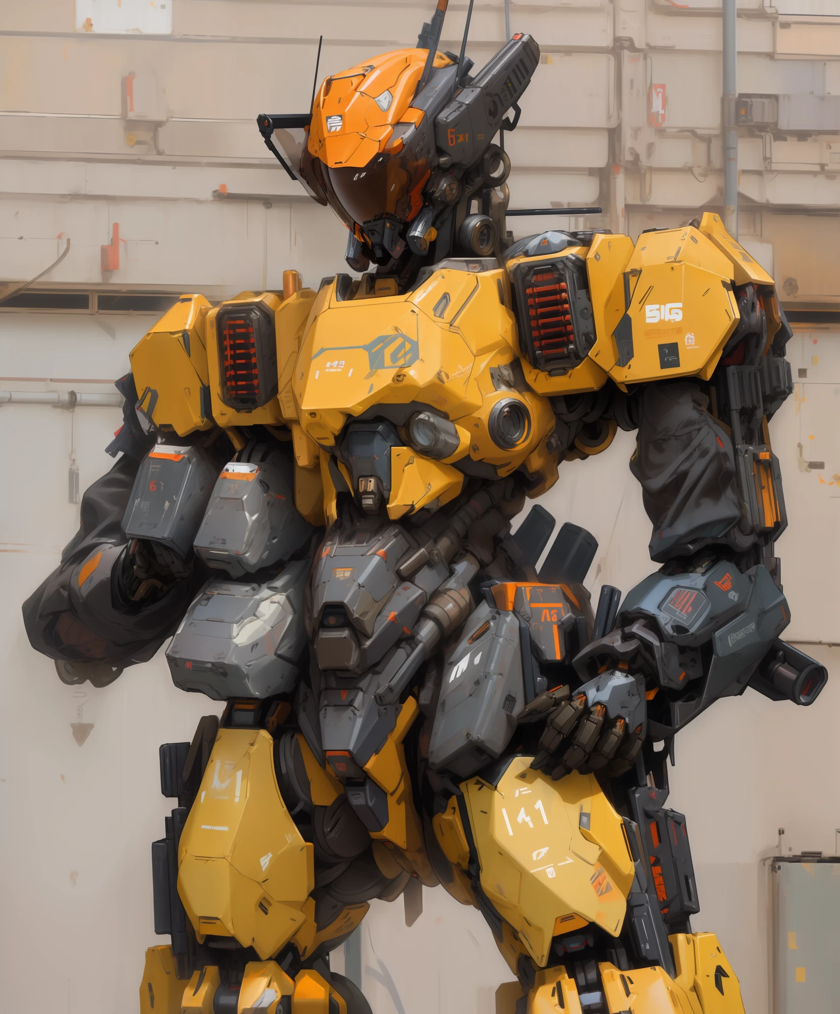 arafed robot with a gun and a helmet on , red mech, mech suit, full cybernetic combat suit, cyberpunk soldier, military robot, hardsurface armour, octane render -ar 16:9 h 1024, fashionable cyberpunk mechanoid, robot suit, orange human-sized warforged, humanoid mech