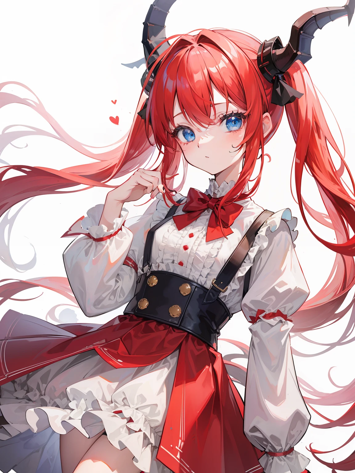 {{best quality}}, {{masterpiece}}, {{ultra-detailed}}, {illustration}, {detailed light}, red hair,blue eyes,twintails,lolita,Suspenders skirt,Fantastic,loli,solo,Dragon horns,little girl,long hair