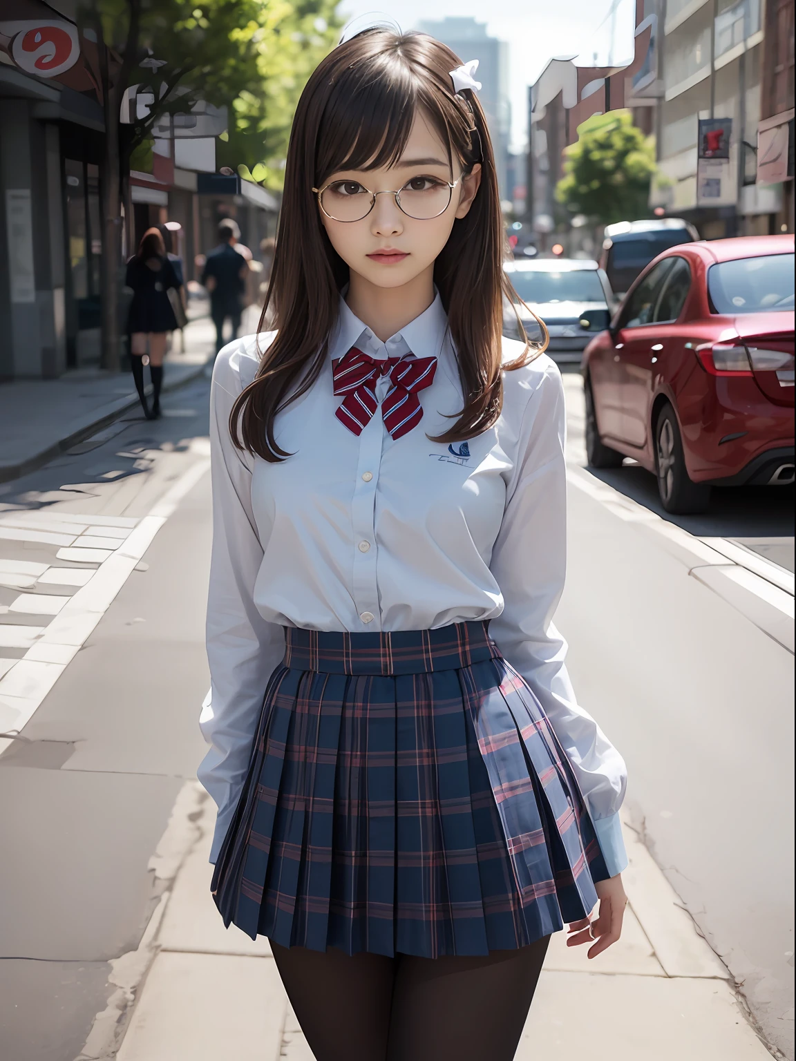 (8K、Raw photography、top-quality、masterpiece:1.2),Light Blue Bra,de pele branca,kne,(Black pantyhose),absurderes,a small face,small tits,flat breast,Parting the bangs from the middle、Forehead visible,(a cold expression<Tight eyes,glares,Bullish,skinny,Rasping,irate)、masterpiece,top-quality、超A high resolution,Raw photo,ren,Beautiful fece,One Person, 独奏,eye glass,,Dark look,Small breasts,fullllbody,Round glasses、cute little、JK school uniform,hi-school girl,A Japanese Lady,is standing,(Photorealsitic:1.37)、Photon mapping,Light blue ribbon,Realistic、Cute little face,Brown-eyed、Black socks、(Red bow tie)、Radio City、Physically Based Rendering、Foreground、depth of fields、Blurry background、a picture,The girls、Body,beauty legs, Long legs, Thin leg,Long bob cut,(Bangs are visible), hair, s lips, Blue_The eye, nosesoft,(Light blue shirt), (Navy and blue and white plaid pleated skirt), Knees are visible,Sheer clothing,, Thigh, Black cotton socks,Nogizaka Idol, 女優, Japanese ido