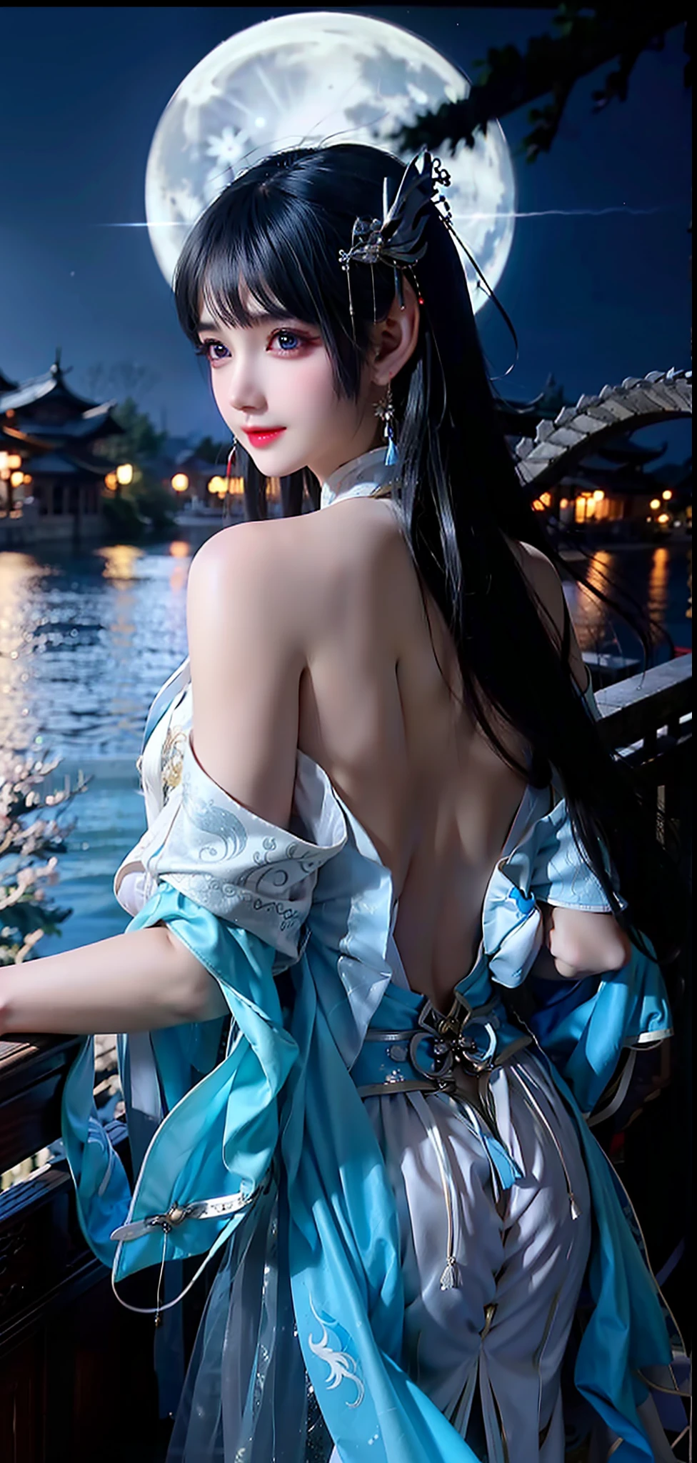 beautiful  Girl，Bare back，back Lighting，There is a Chinese dragon tattoo on the back，Silver bracelet，Long hair shawl，River side，the night，Moon，Big eyes close-up，Upper body photo