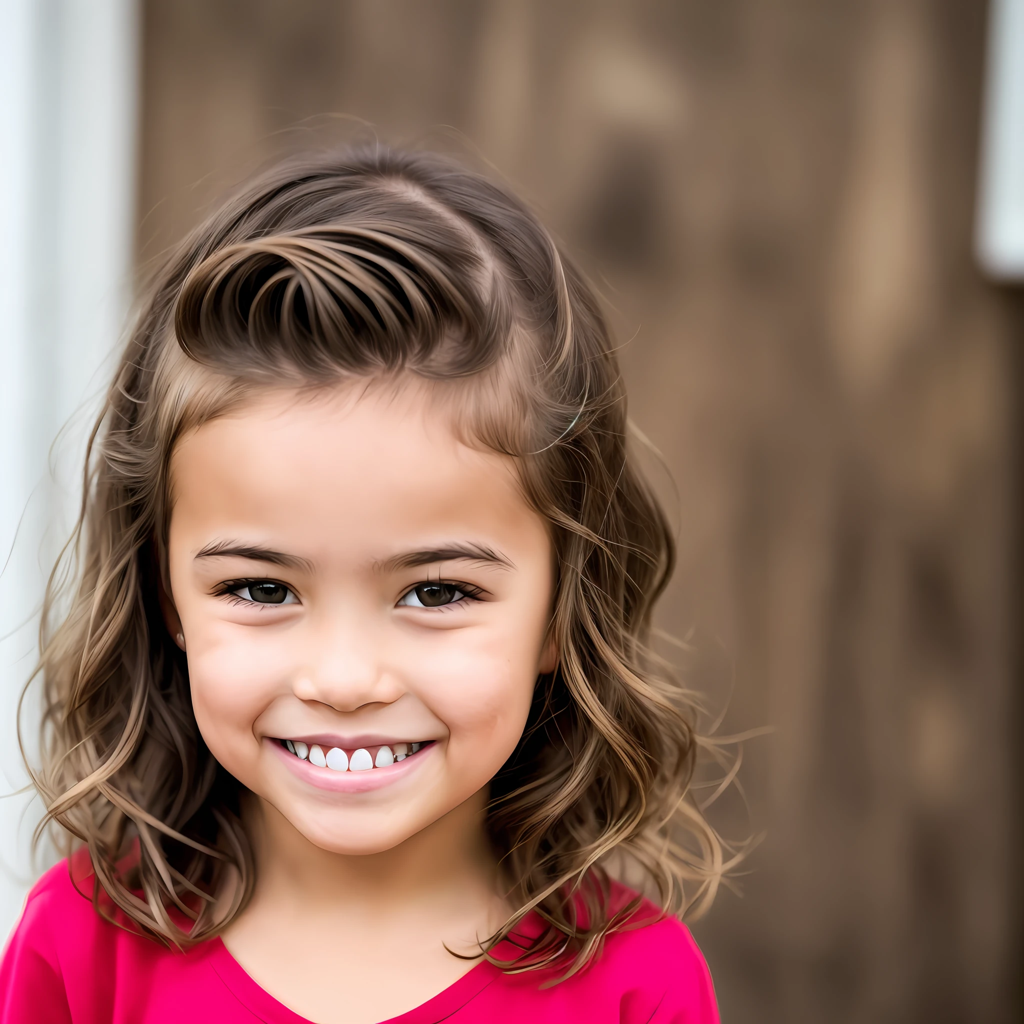 barnet (menina), cabelos cacheados , castanhos claros, nariz pequeno e arrebitado , pela clara, olhos arredondados , castanhos, corpo magro , sorriso feliz , slight separation in the front teeth