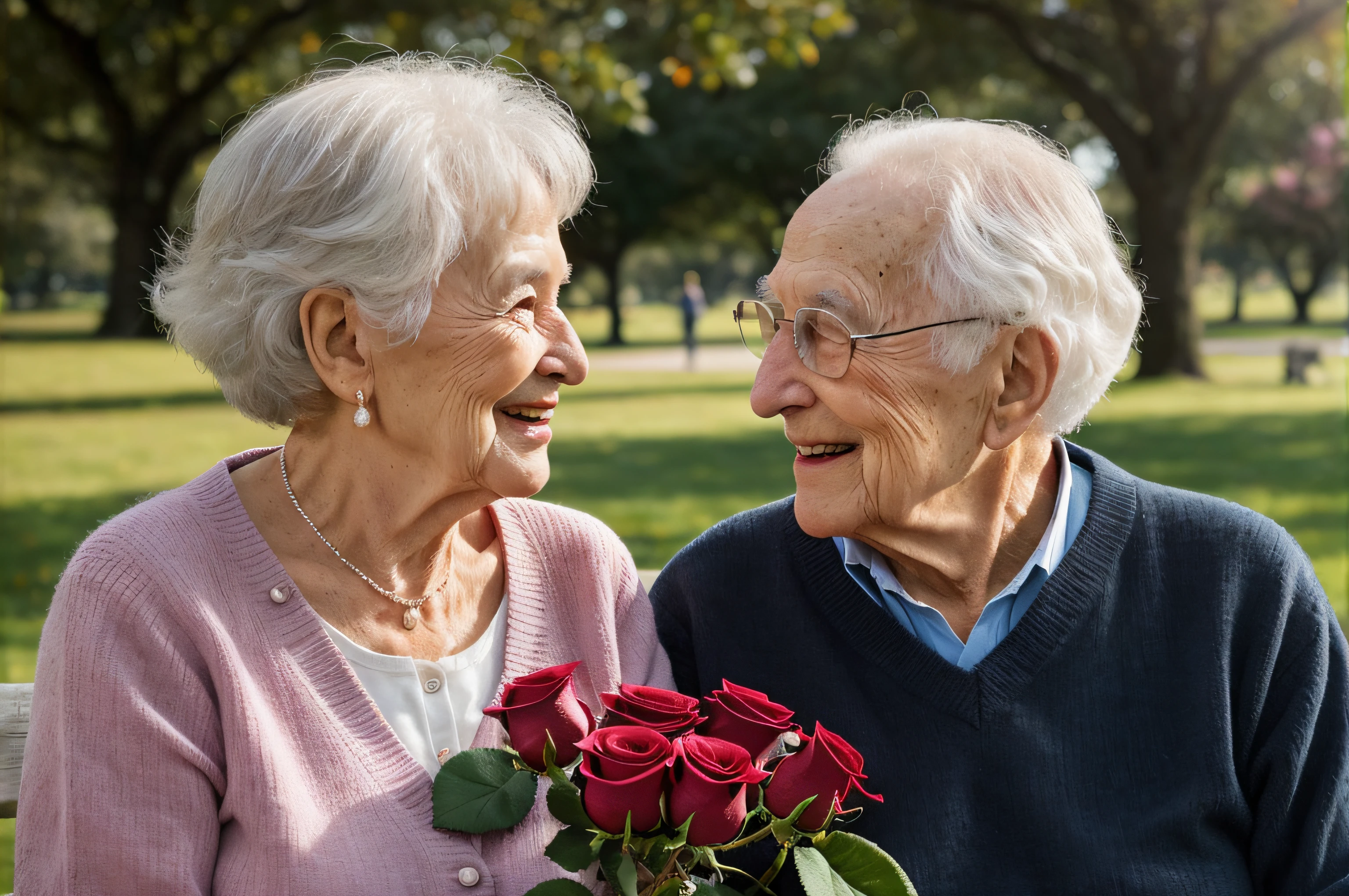 Pareja mayor sentada en un banco con un ramo de rosas, pareja sonriente, romantic couple, Toma de retrato, Reconfortante, Pareja feliz, romantic, Sonriendo el uno al otro, anciano, Amor verdadero, Pareja encantadora, Cerrar retrato, sosteniendo flores, foto de una hermosa, Dos ancianos, fiel a la vida, they are in love, sosteniendo una rosa, Enamorado, Toma de retrato en primer plano