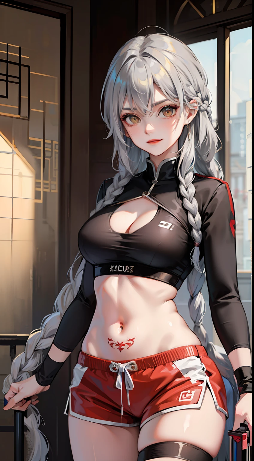 Adult woman, Gray hair in a long braid, golden eyes, sporty figure, Chinese turquoise top, Red Shorts, Tonfa, Tatoo, smirk, Masterpiece, hiquality